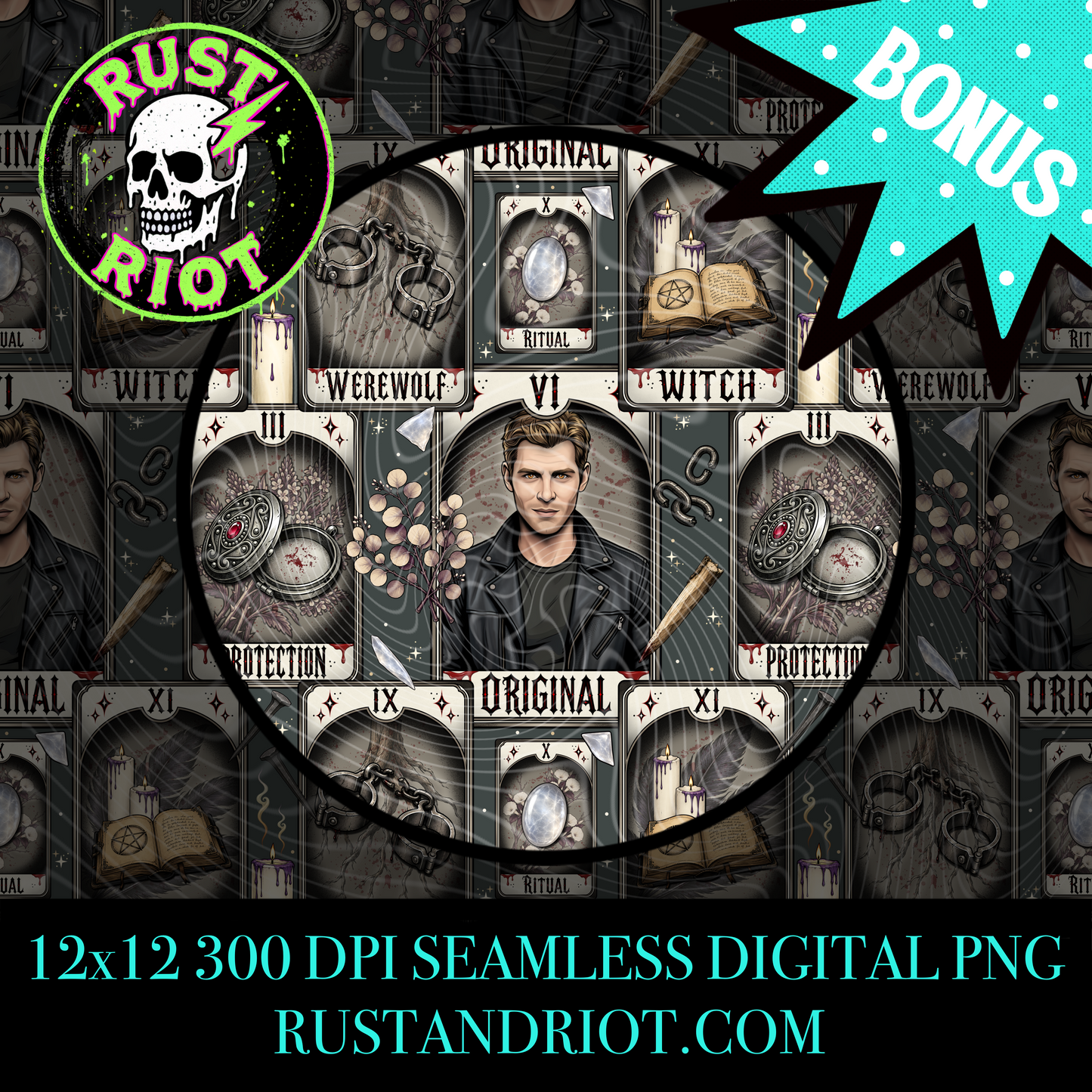 Bloodline Arcana Seamless Pattern | Neo Trad Vampire Tarot | PNG Digital Download