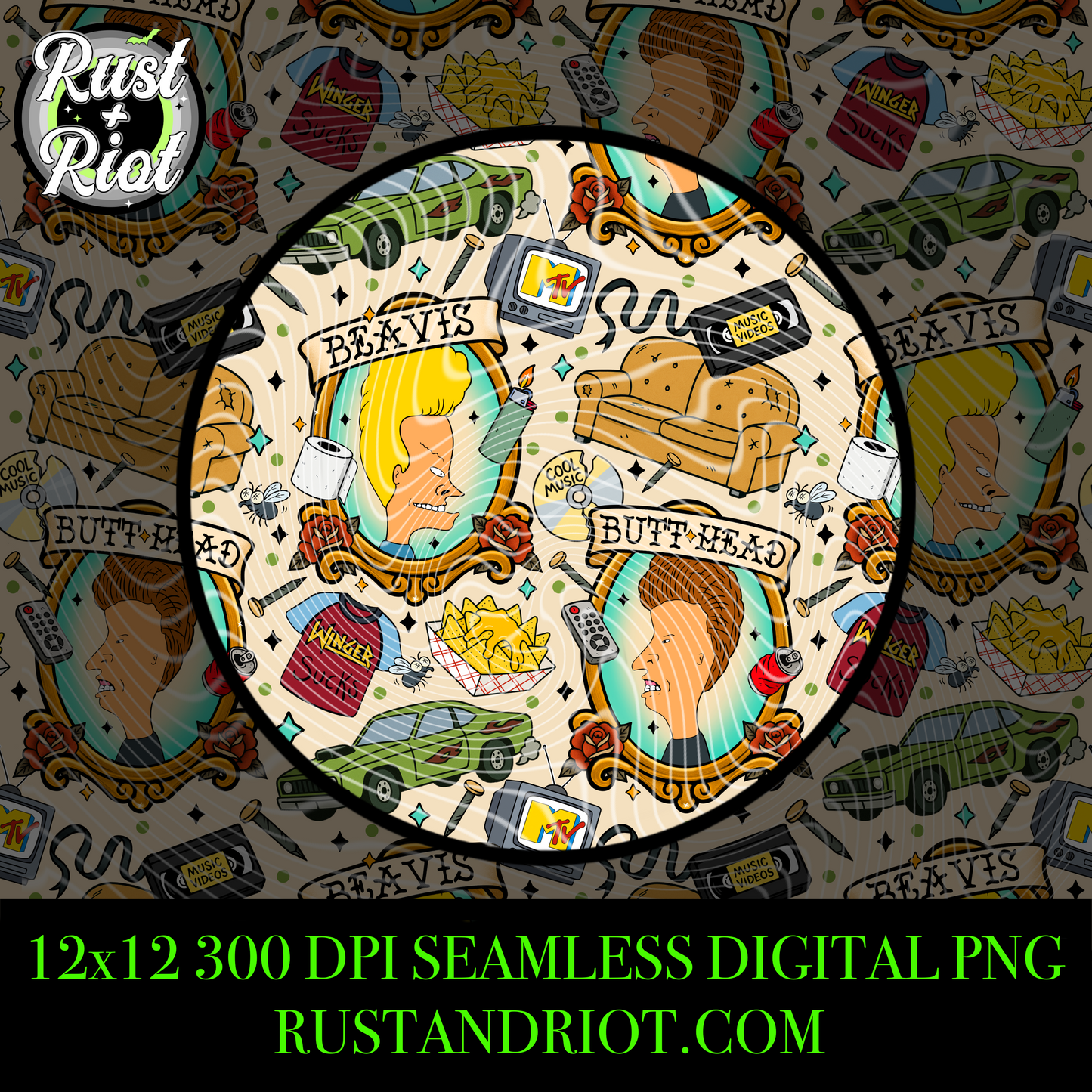 Breakin’ the Law Seamless Pattern – Tattoo-Style Headbanger Repeat PNG