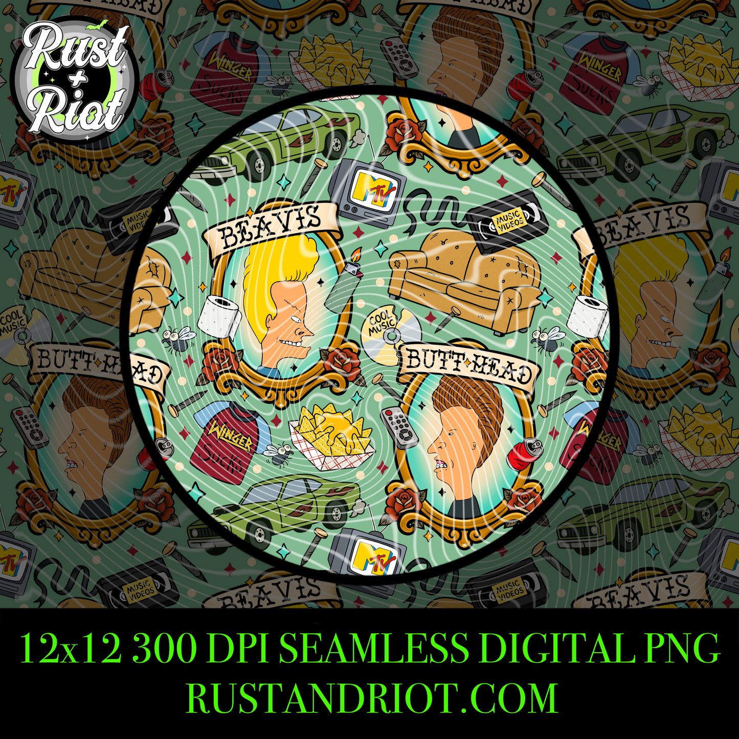 Breakin’ the Law Seamless Pattern – Tattoo-Style Headbanger Repeat PNG