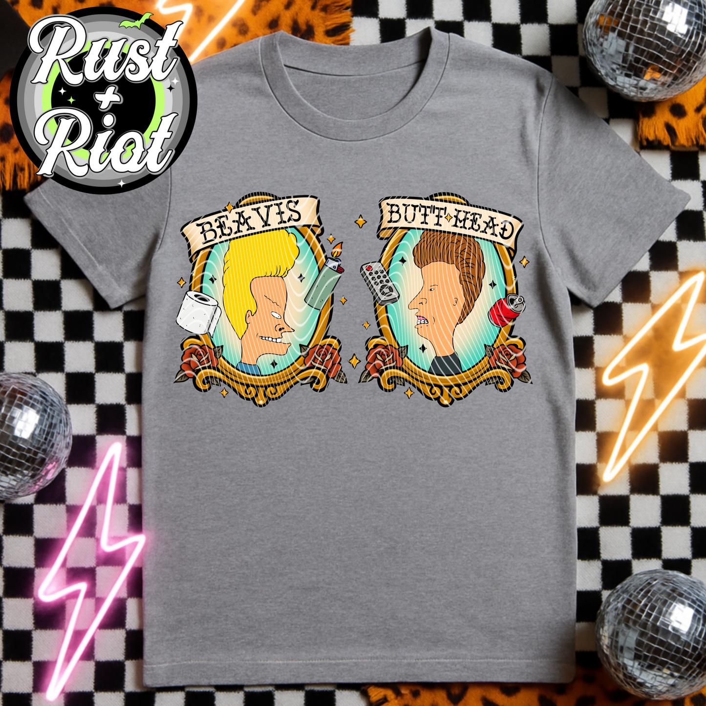 Breakin’ the Law Tee Graphic – Tattoo-Style Headbanger Duo PNG