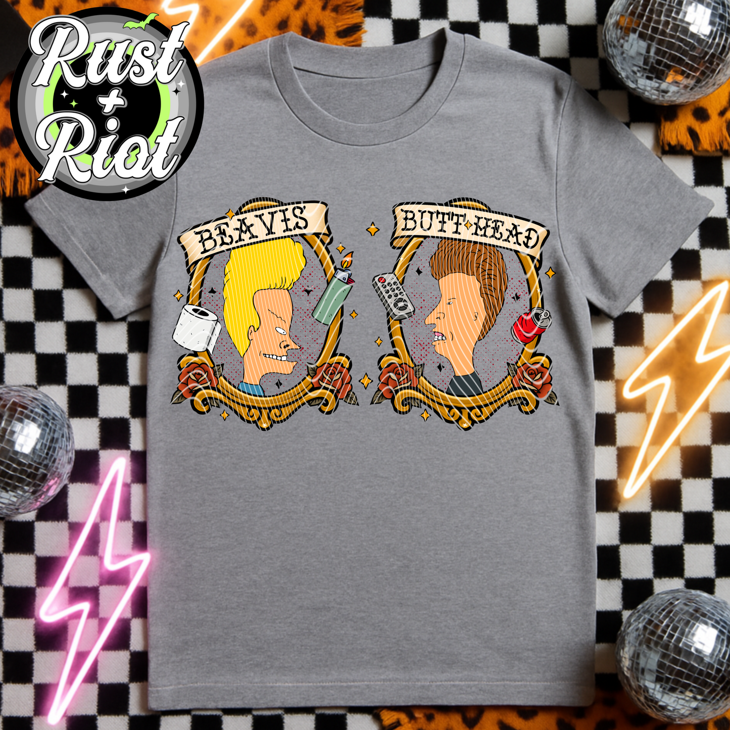 Breakin’ the Law Tee Graphic – Tattoo-Style Headbanger Duo PNG