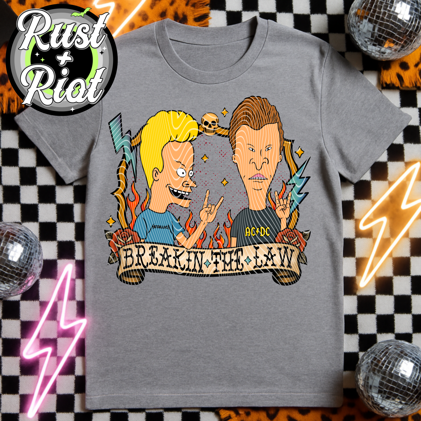 Breakin’ the Law Tee Graphic – Tattoo-Style Headbanger Duo PNG