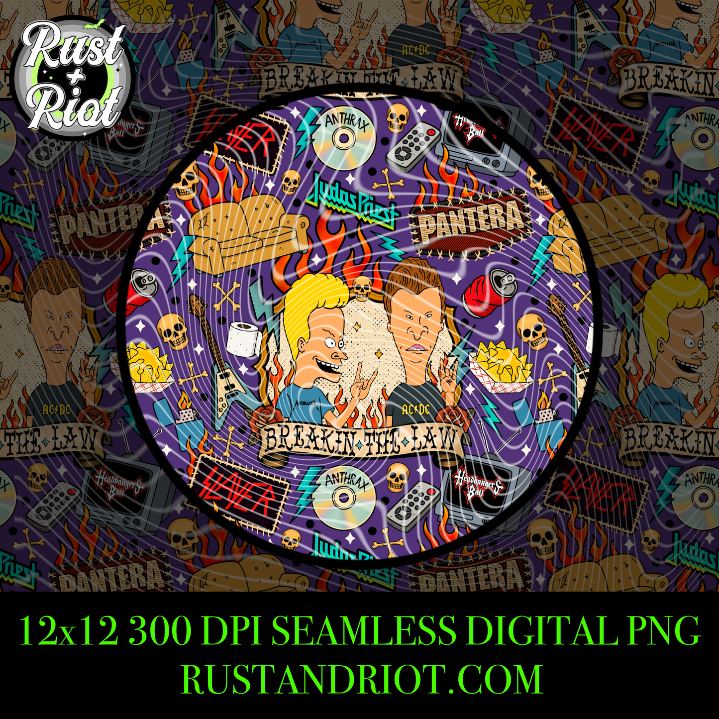 Breakin’ the Law Seamless Pattern – Tattoo-Style Headbanger Repeat PNG
