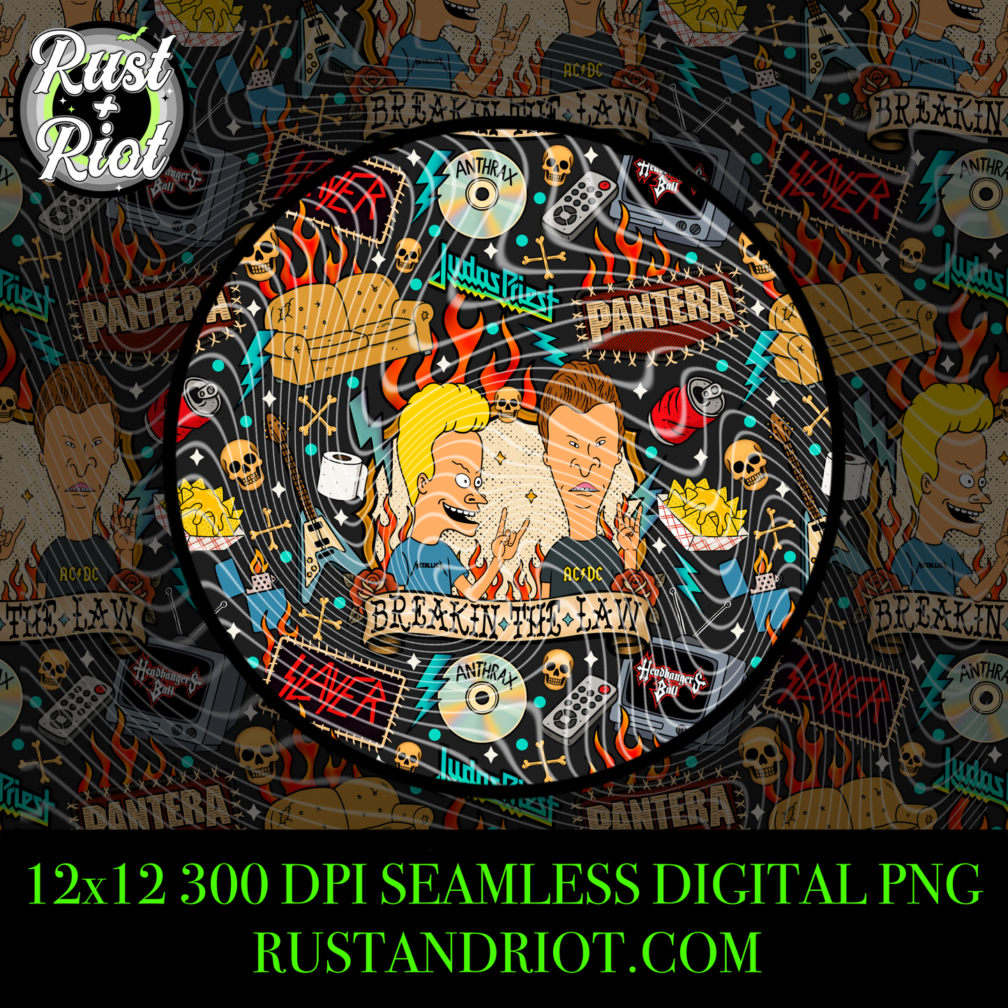 Breakin’ the Law Seamless Pattern – Tattoo-Style Headbanger Repeat PNG
