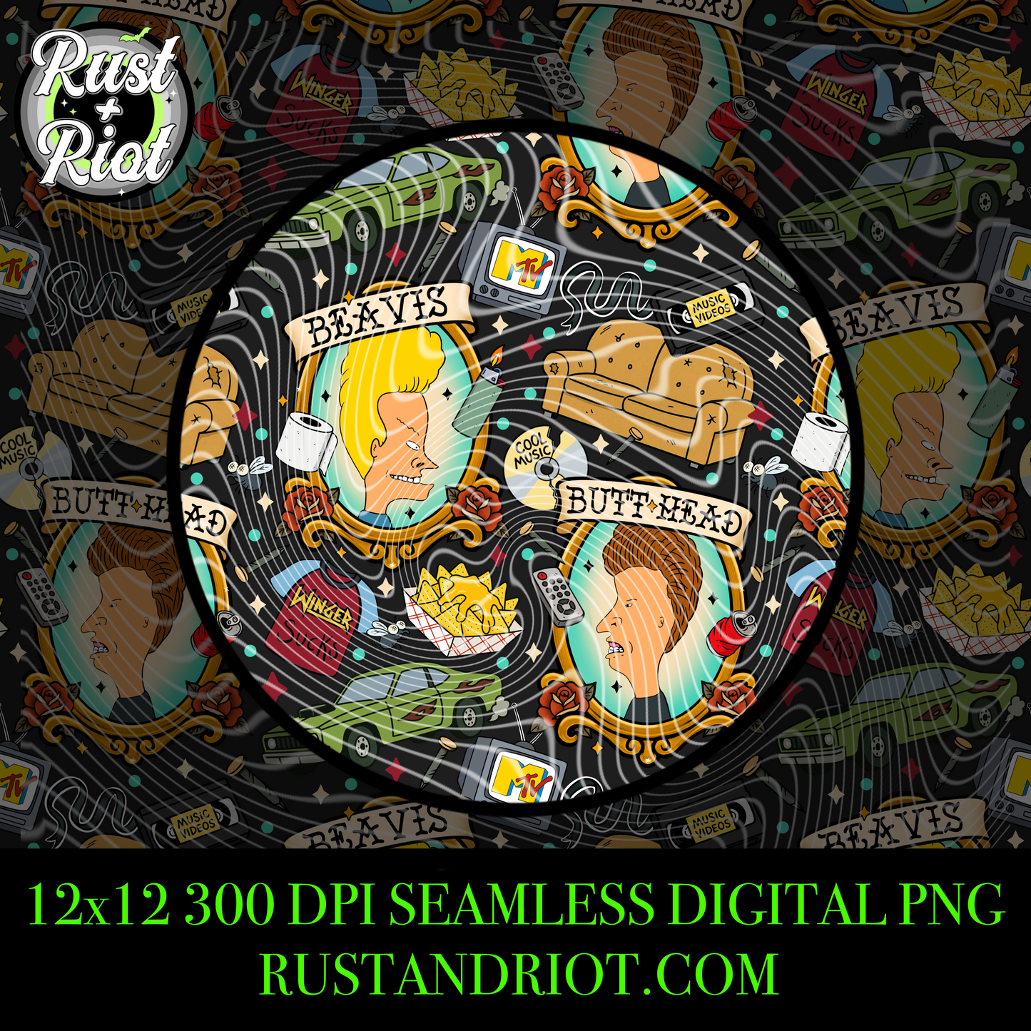 Breakin’ the Law Seamless Pattern – Tattoo-Style Headbanger Repeat PNG