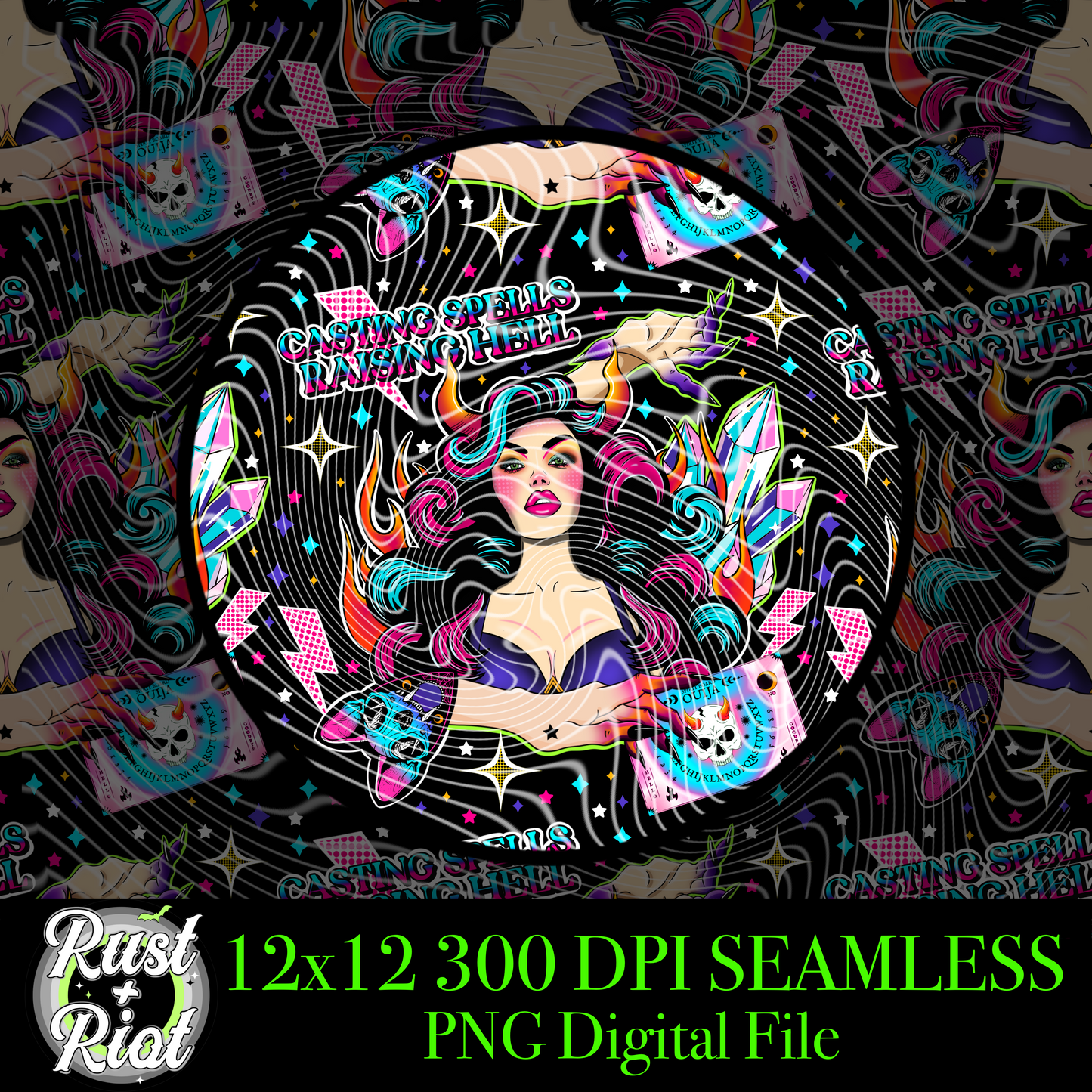 Casting Spells Raising Hell Seamless PNG, Digital Graphic Image for Sublimation, DTF, UVDTF and DTG Printing
