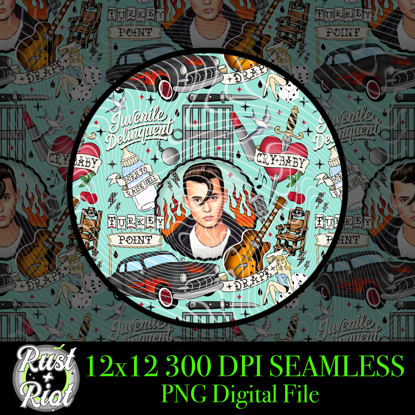 Juvenile Delinquent Seamless PNG 1990s Cult Classic Digital Graphic Image for Sublimation, DTF, UVDTF, DTG and Fabric Printing