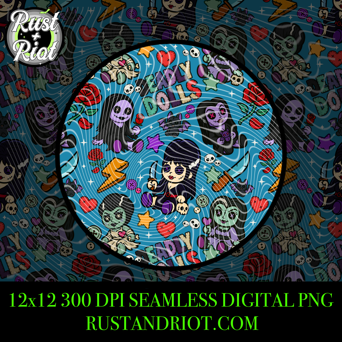 Deadly Dolls Seamless Pattern Digital Download - Creepy Cute Horror PNG for Fabric, Printing and Crafts