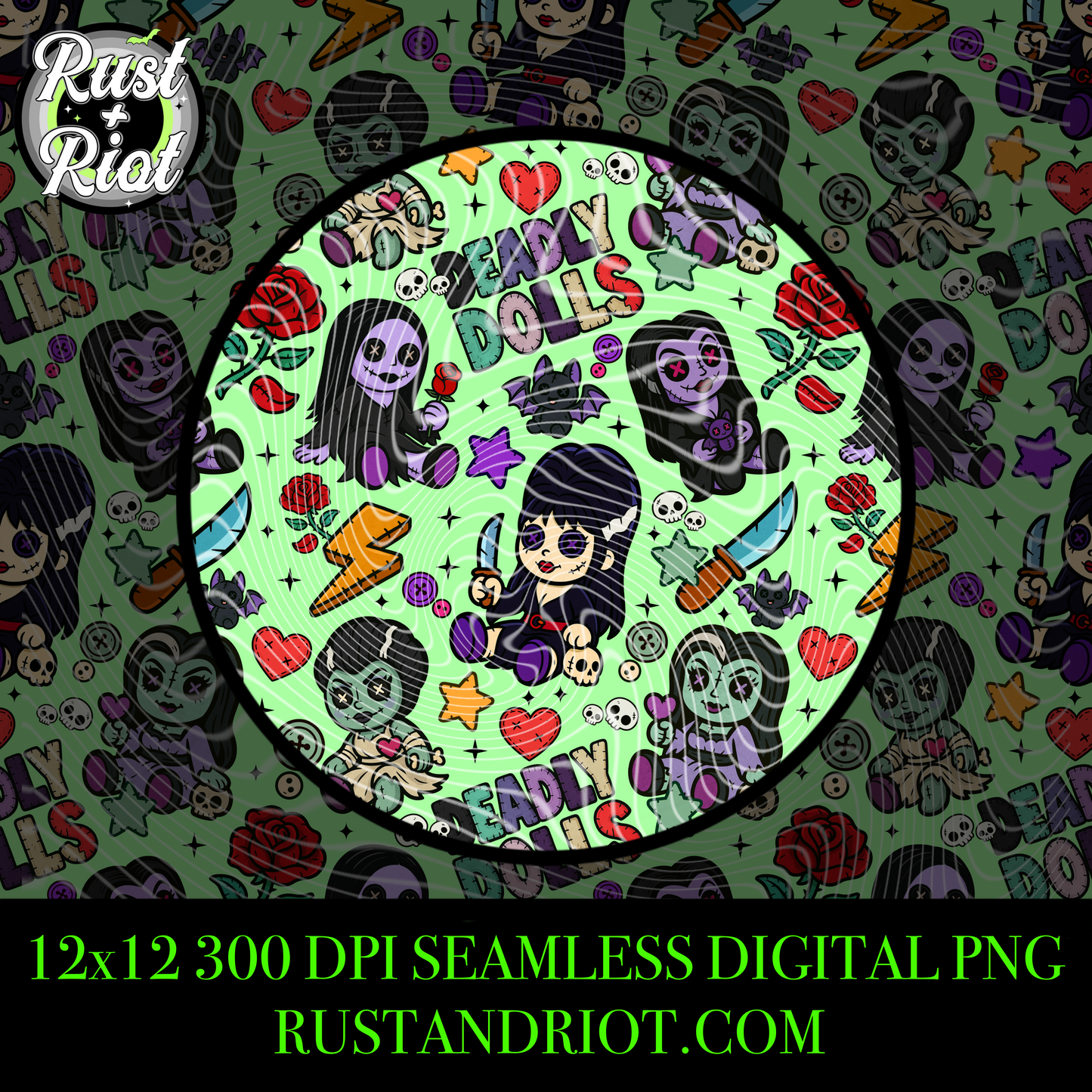 Deadly Dolls Seamless Pattern Digital Download - Creepy Cute Horror PNG for Fabric, Printing and Crafts