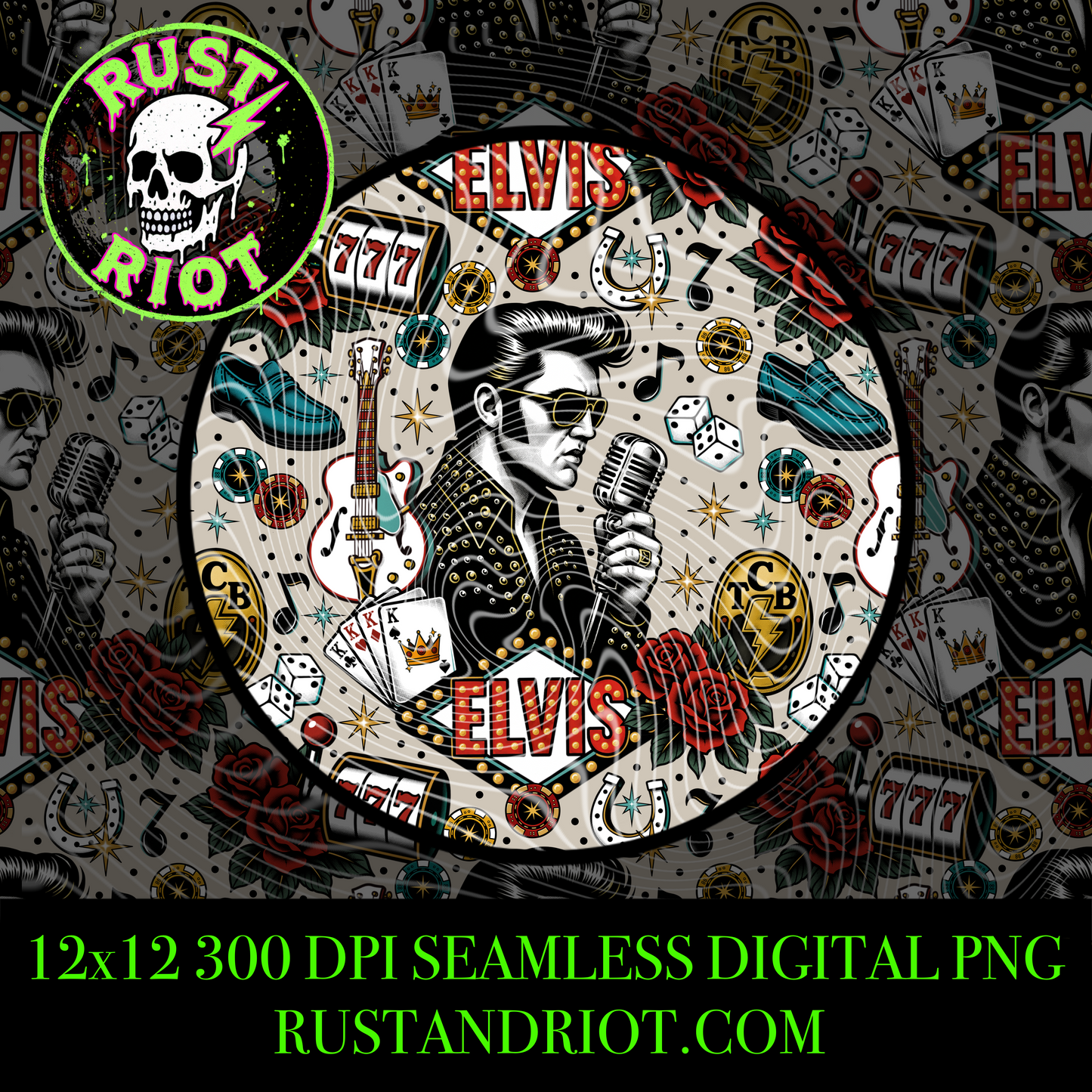 King of Vegas Seamless Pattern | Retro Rock & Roll Casino Repeating Design