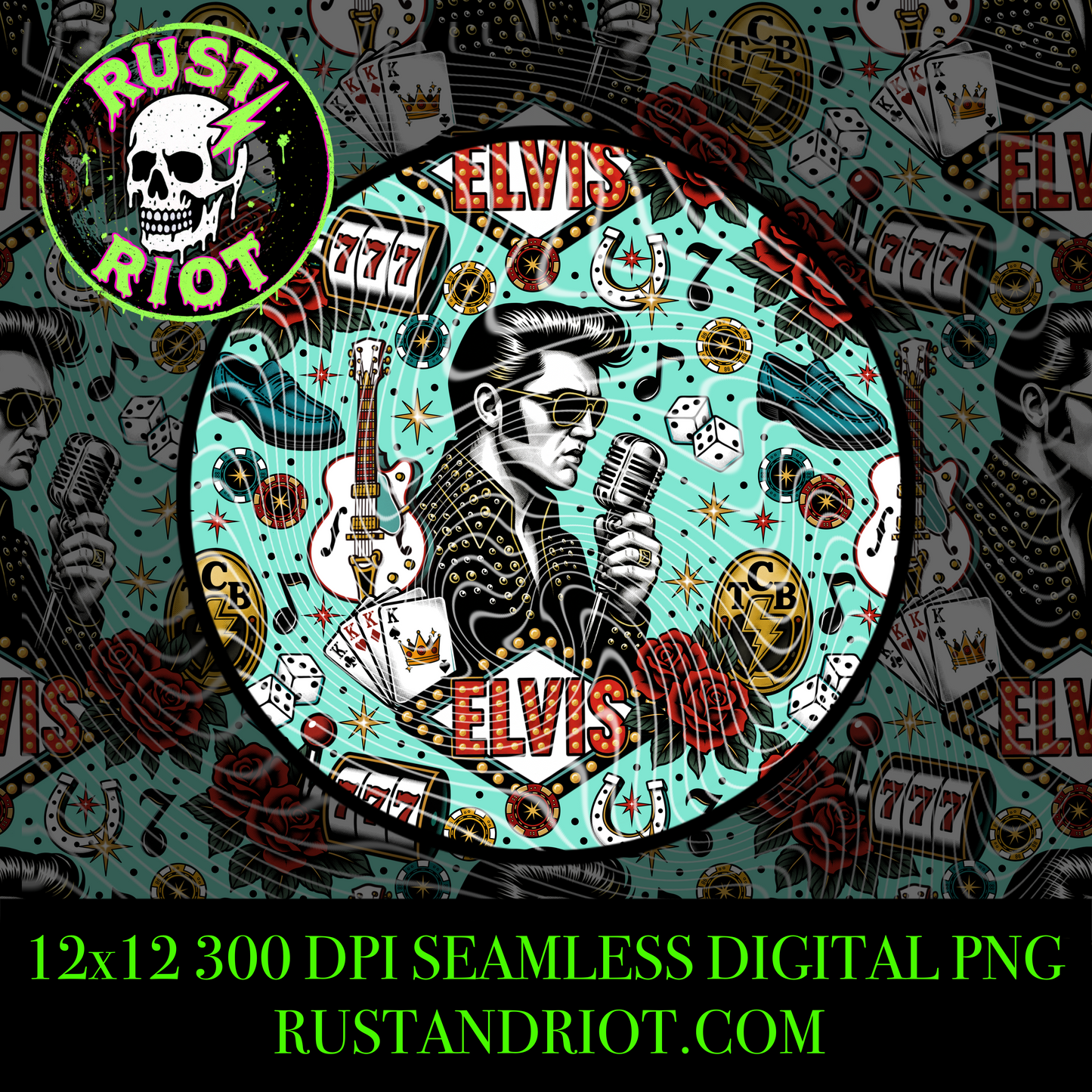 King of Vegas Seamless Pattern | Retro Rock & Roll Casino Repeating Design