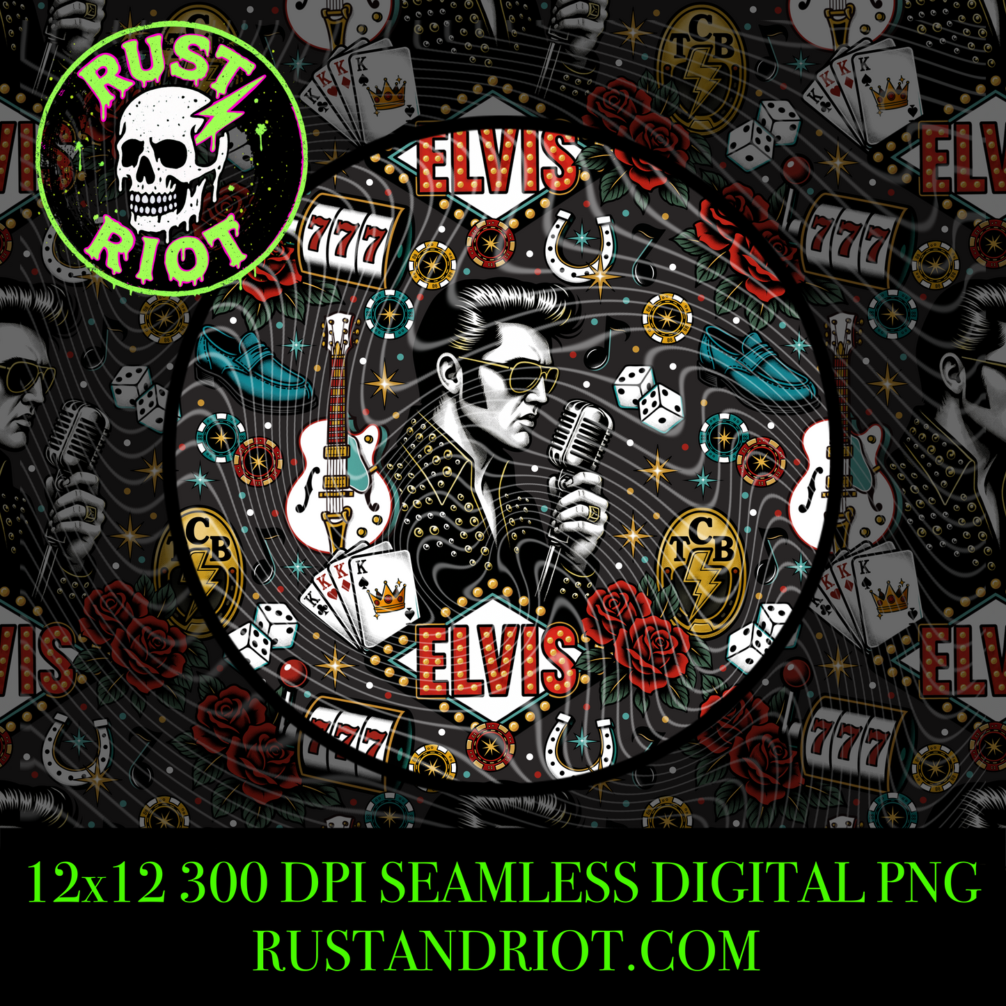King of Vegas Seamless Pattern | Retro Rock & Roll Casino Repeating Design