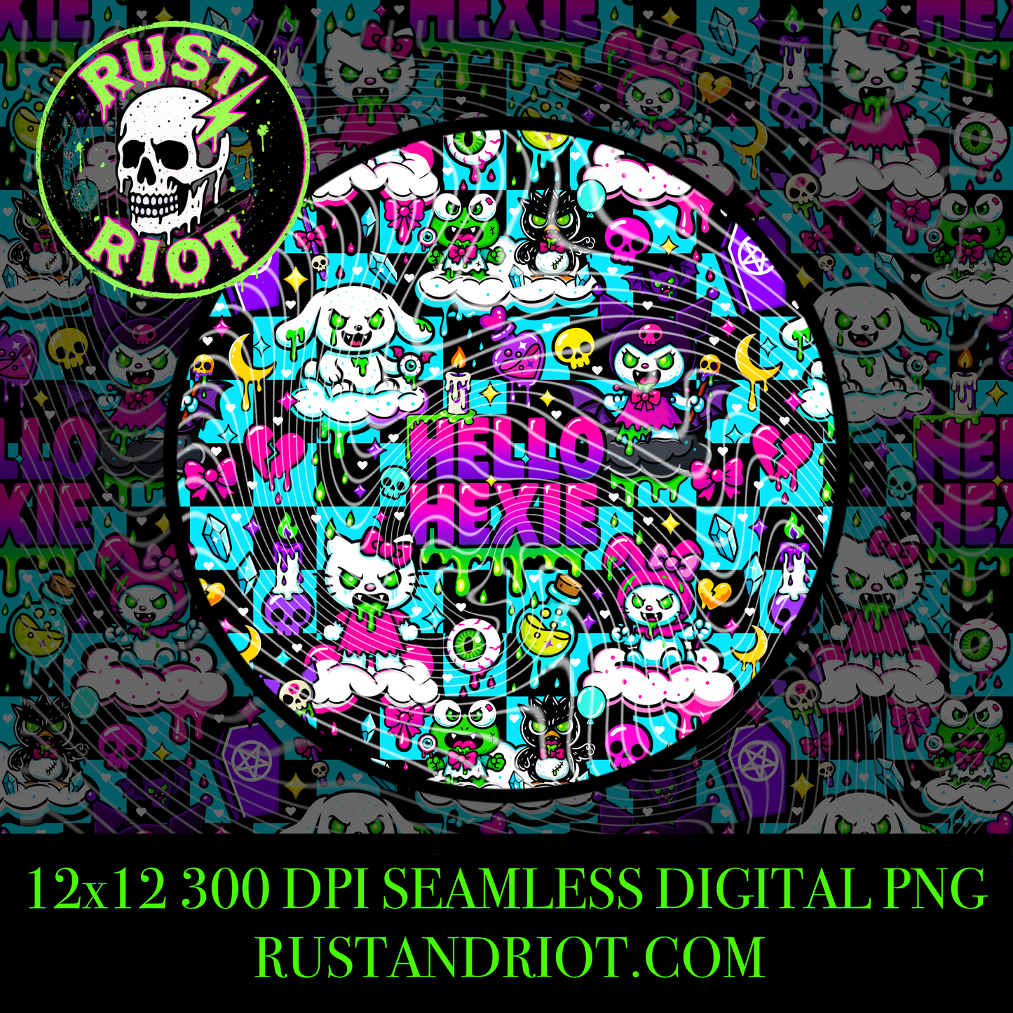 Hello Hexie Seamless Pattern | Creepy Cute Pastel Goth PNG