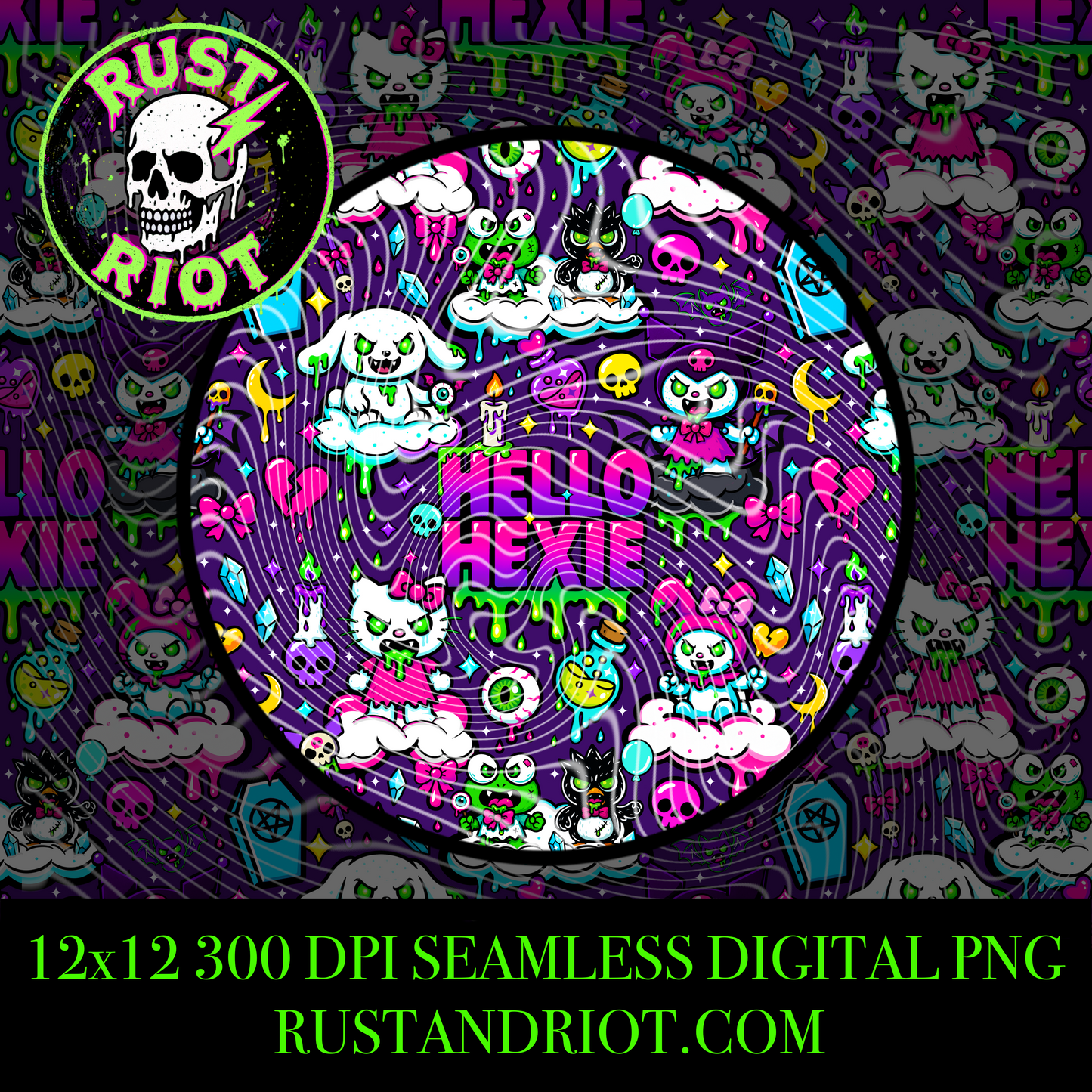 Hello Hexie Seamless Pattern | Creepy Cute Pastel Goth PNG