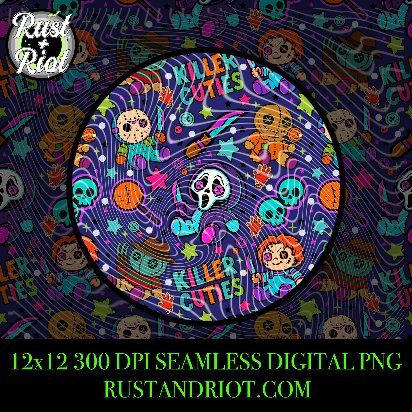 Killer Cuties Seamless Pattern Digital Download - Creepy Cute Horror PNG for Fabric, Printing and Crafts