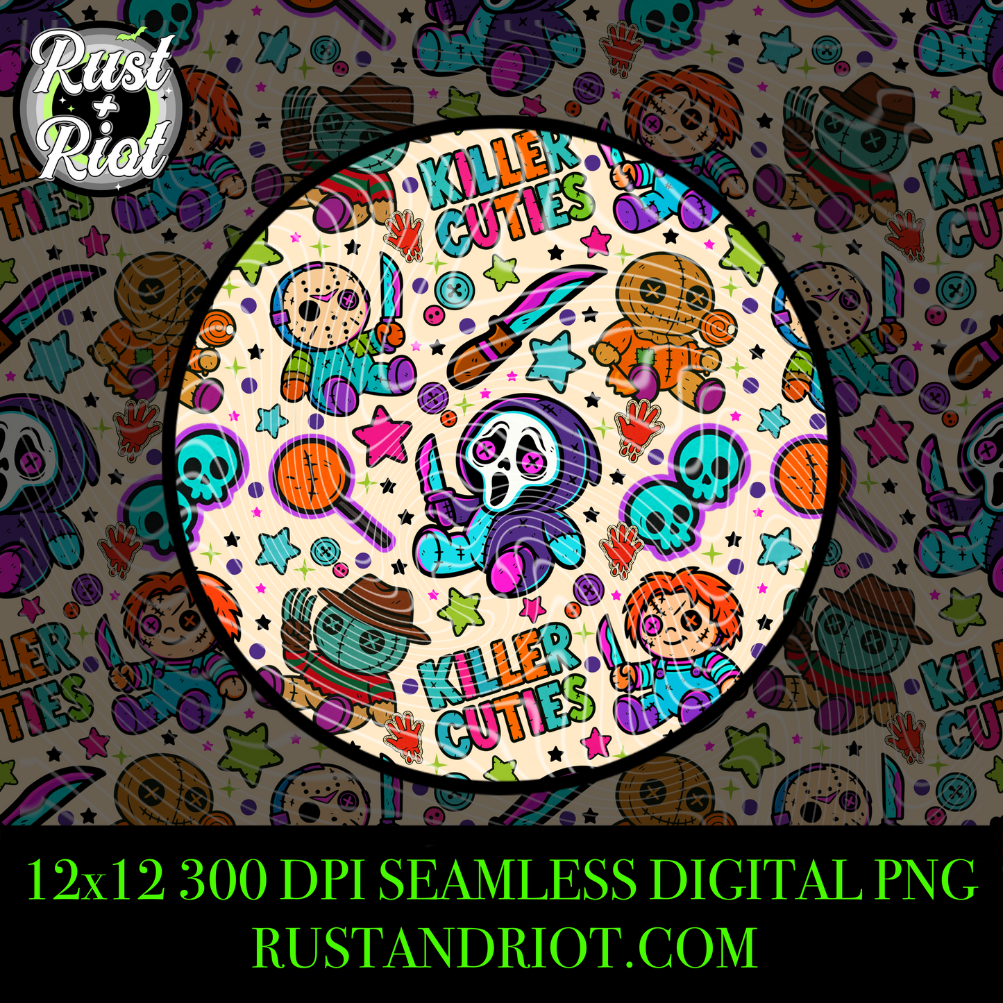 Killer Cuties Seamless Pattern Digital Download - Creepy Cute Horror PNG for Fabric, Printing and Crafts