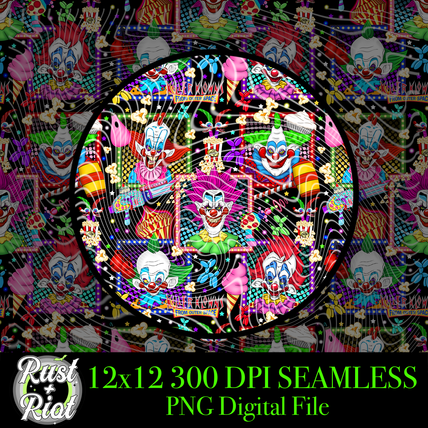 Send in the Klowns Seamless PNG, 1980s Horror Comedy Cult Classic Digital Graphic Image for Sublimation, DTF, UVDTF and DTG Printing