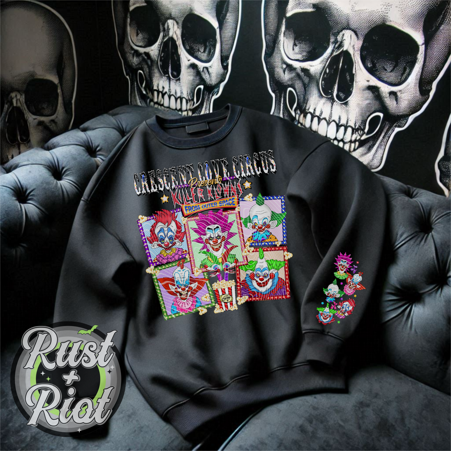 Crescent Cove Circus Main Klowns PNG with Sleeve, 1980s Horror Comedy Cult Classic Digital Image for UVDTF or Sublimation Printing