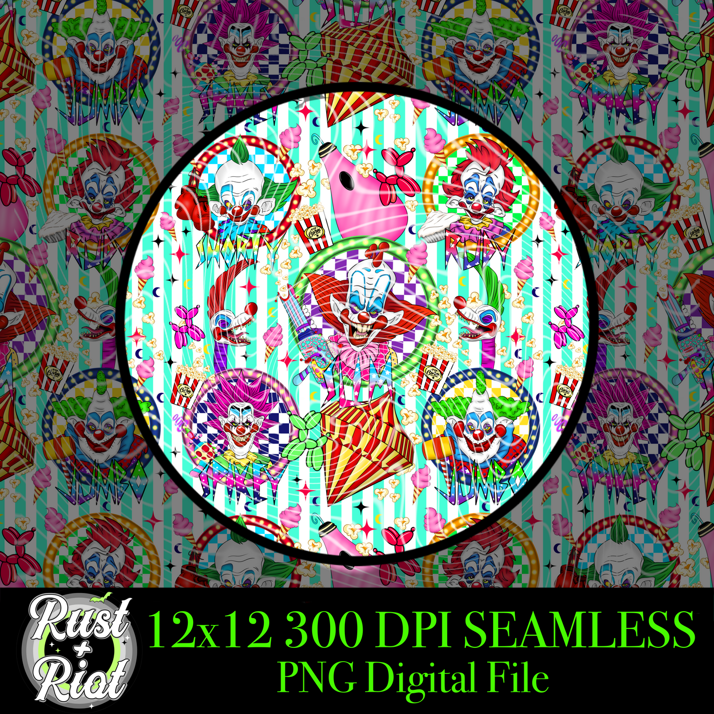 Send in the Klowns Seamless PNG, 1980s Horror Comedy Cult Classic Digital Graphic Image for Sublimation, DTF, UVDTF and DTG Printing