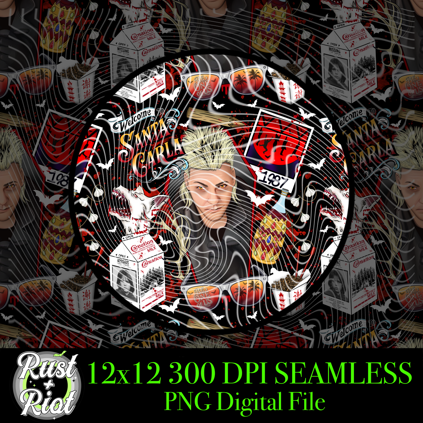 All the Damn Vampires Seamless PNG, 1980s Cult Classic Horror Movie Digital Graphic Image for Sublimation, DTF, UVDTF, DTG and Fabric Printing