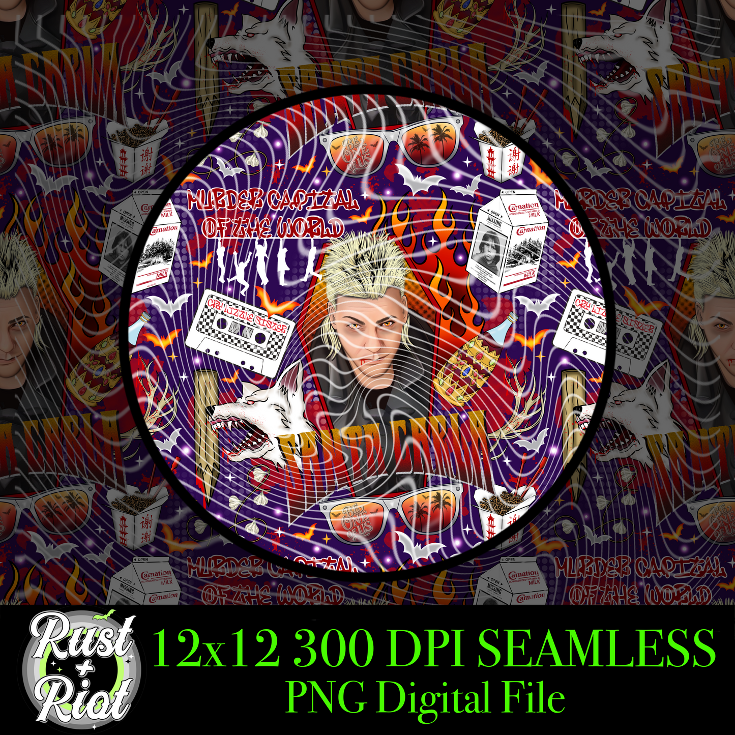 All the Damn Vampires Seamless PNG, 1980s Cult Classic Horror Movie Digital Graphic Image for Sublimation, DTF, UVDTF, DTG and Fabric Printing