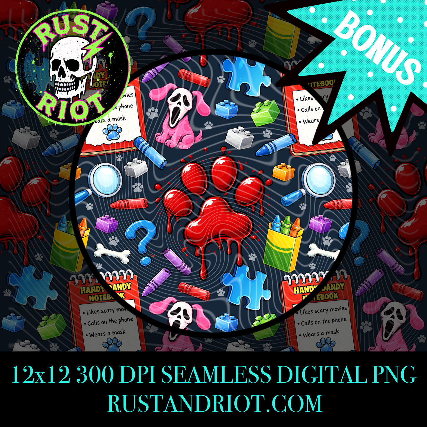 Handy Dandy Horror Seamless Pattern | Retro Cartoon Slasher Parody | PNG Digital Download
