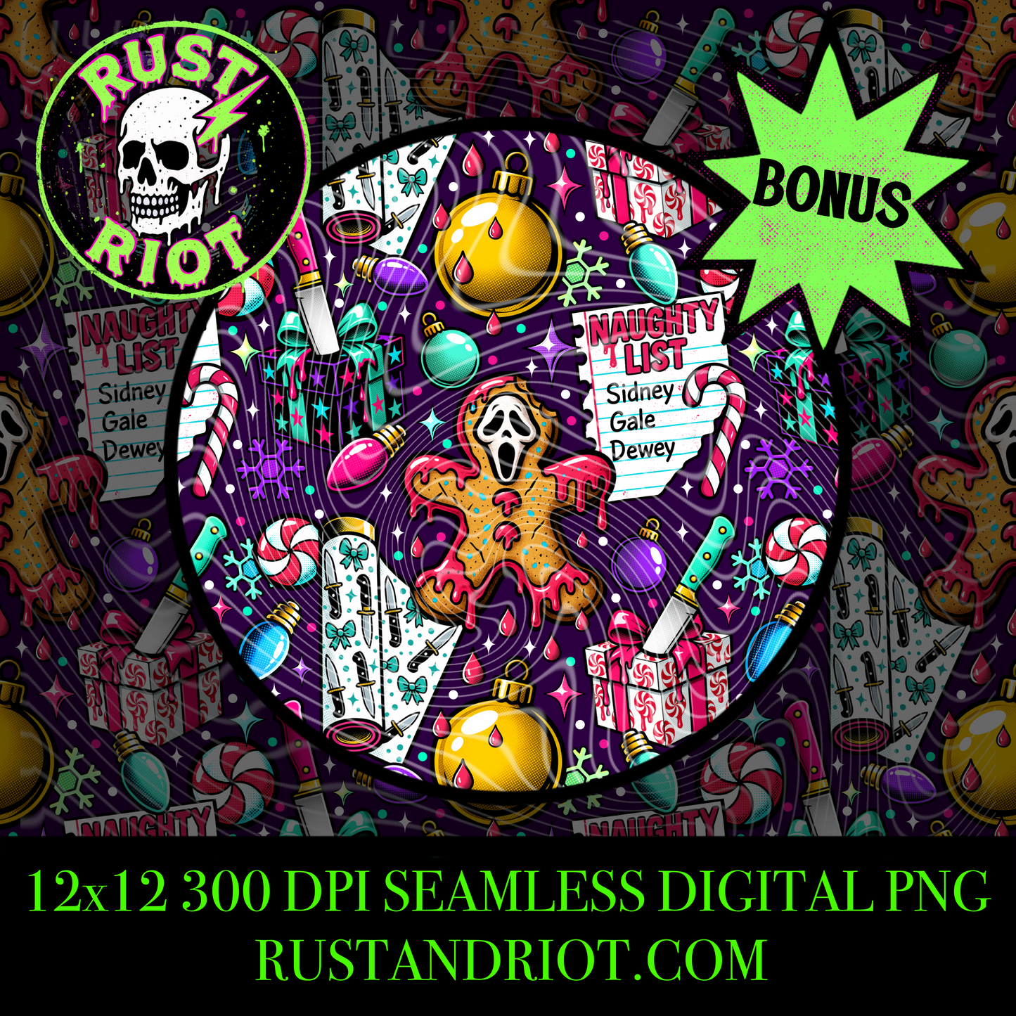 Slay Ride | Neon Horror Christmas Seamless Pattern | Digital Download PNG for Sublimation & Fabric Printing