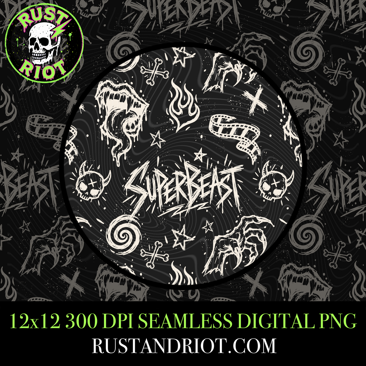 Zombie Doodles 4PK | Rock Horror Seamless Pattern Bundle | PNG Digital Download