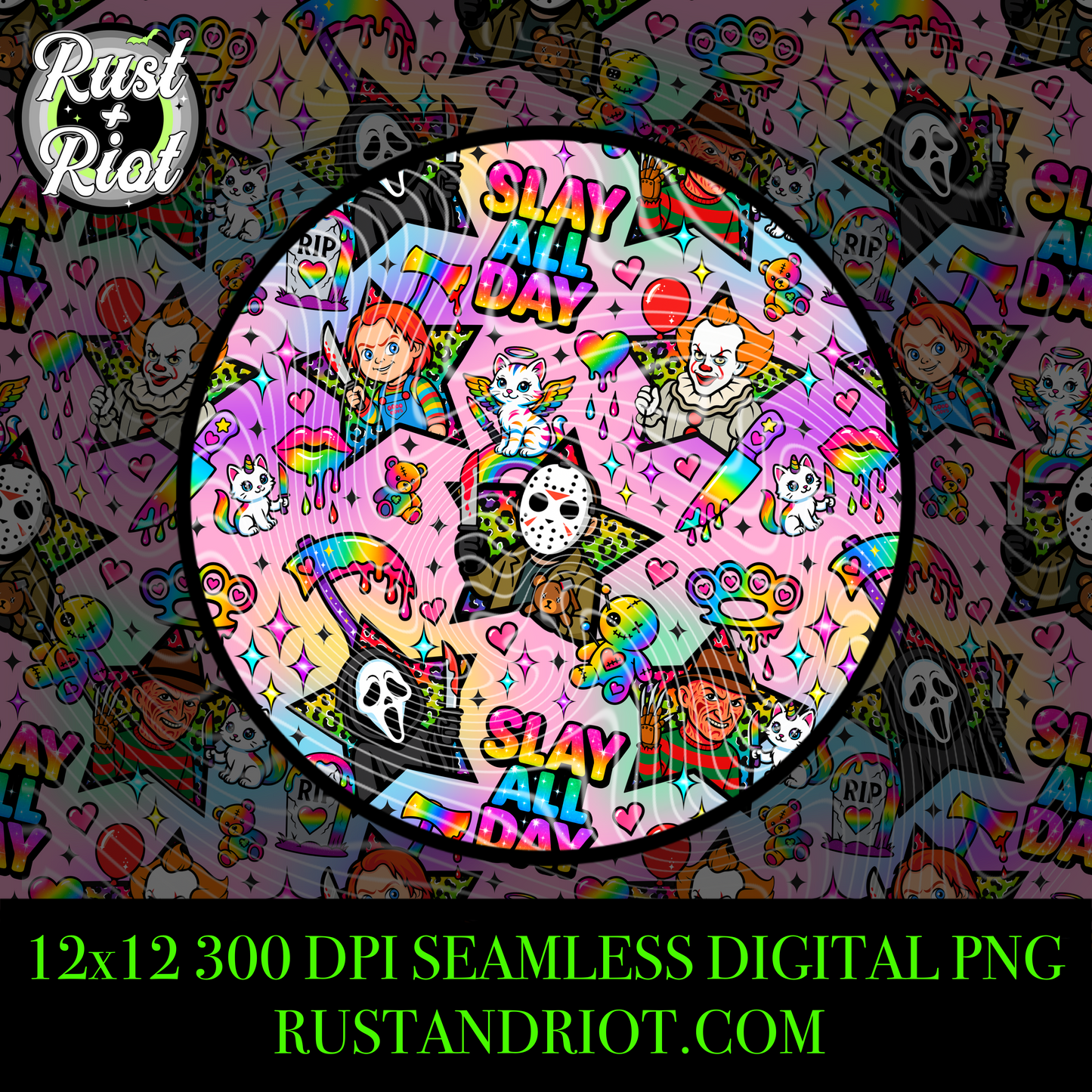 Slay All Day Seamless PNG - 90s Horror Pattern for Crafters