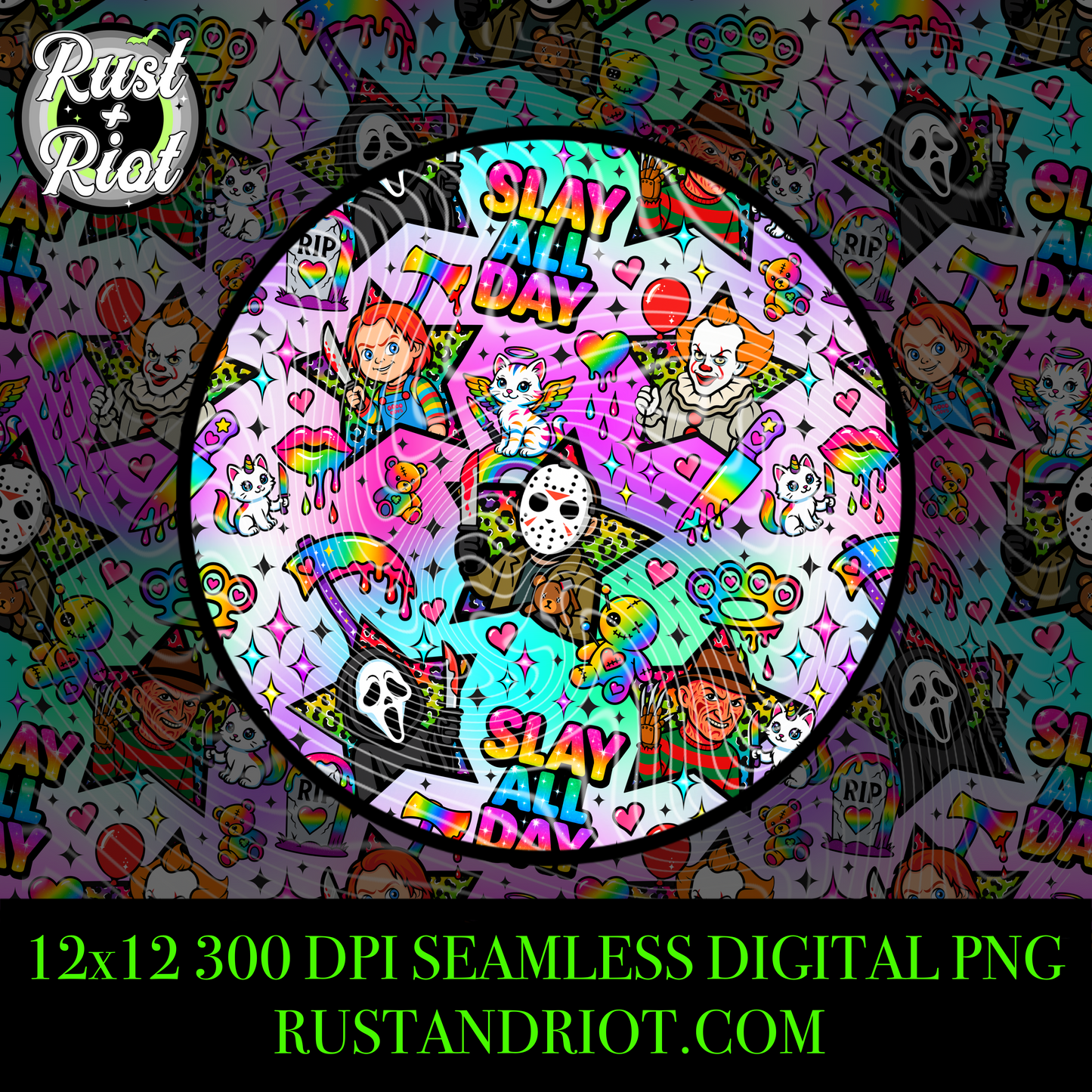 Slay All Day Seamless PNG - 90s Horror Pattern for Crafters