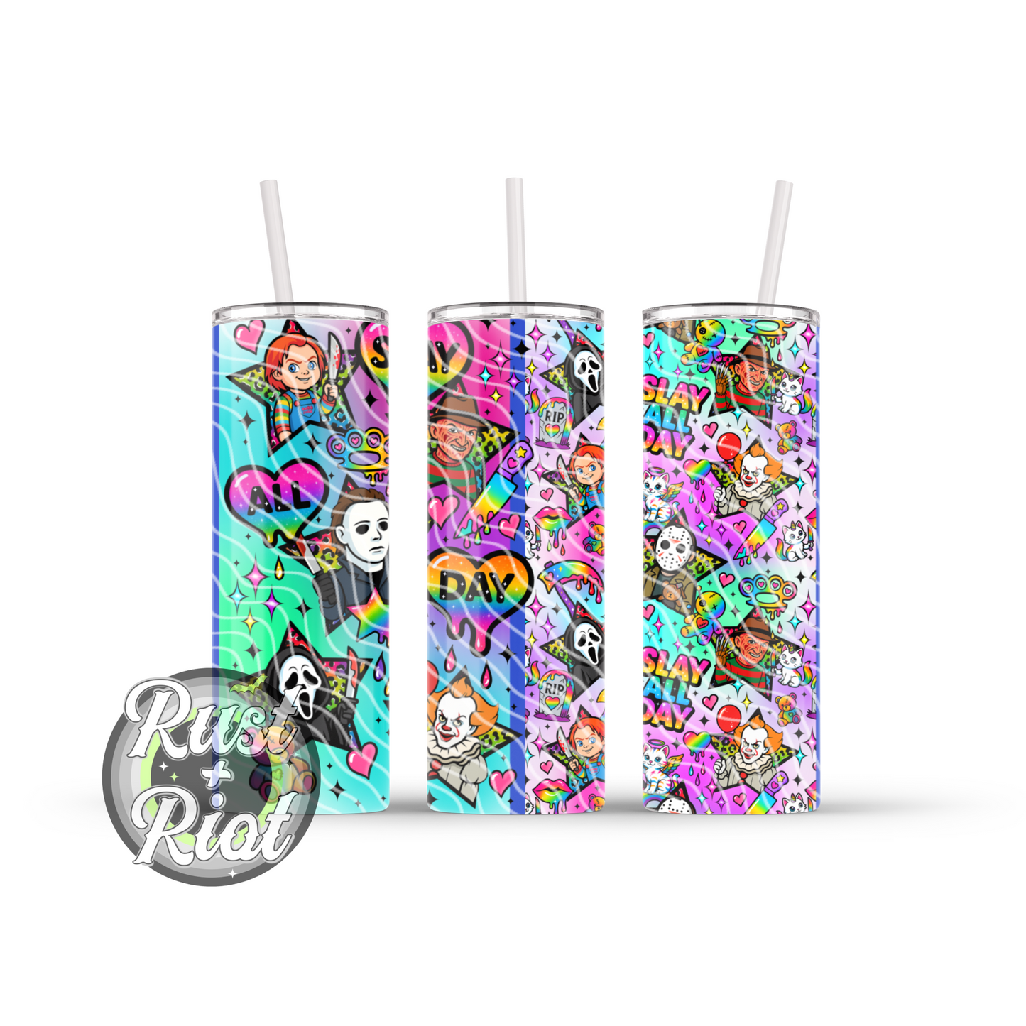 Slay All Day | Rainbow Horror Icons | 20oz Skinny Tumbler Wrap Digital Download PNG