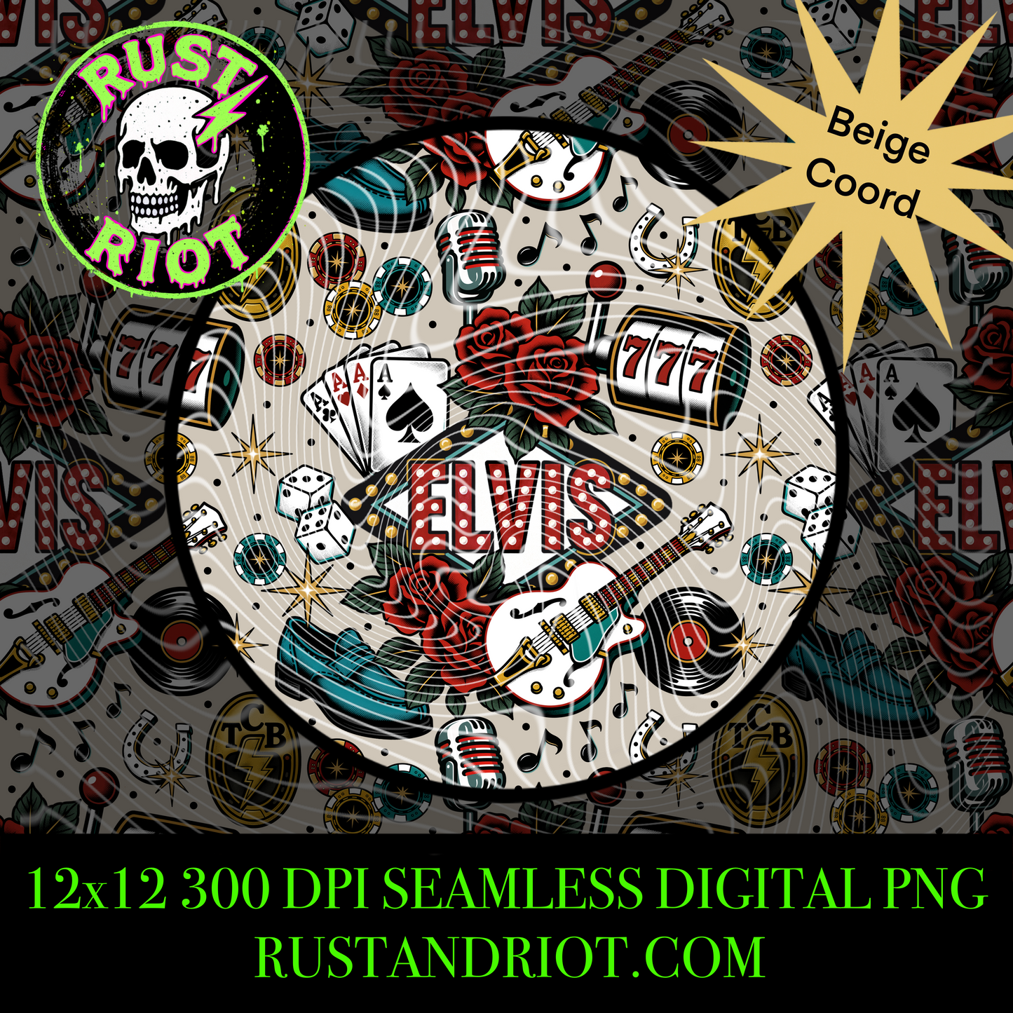 King of Vegas Seamless Pattern | Retro Rock & Roll Casino Repeating Design