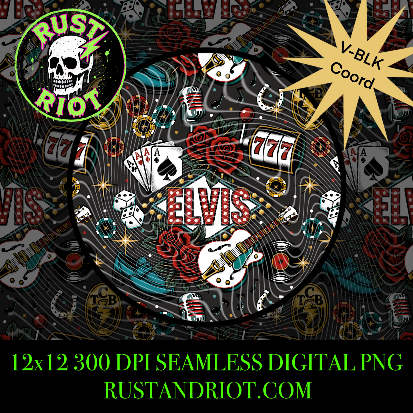 King of Vegas Seamless Pattern | Retro Rock & Roll Casino Repeating Design