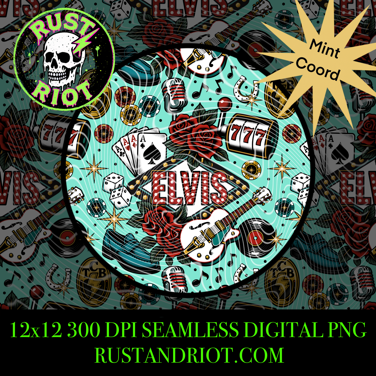 King of Vegas Seamless Pattern | Retro Rock & Roll Casino Repeating Design