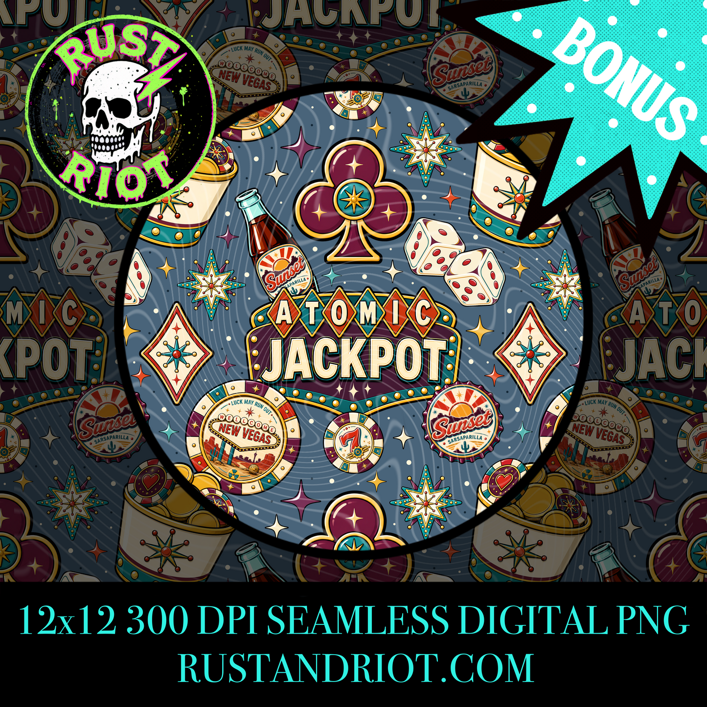 Atomic Jackpot Seamless Pattern | Retro Casino Wasteland | PNG Digital Download