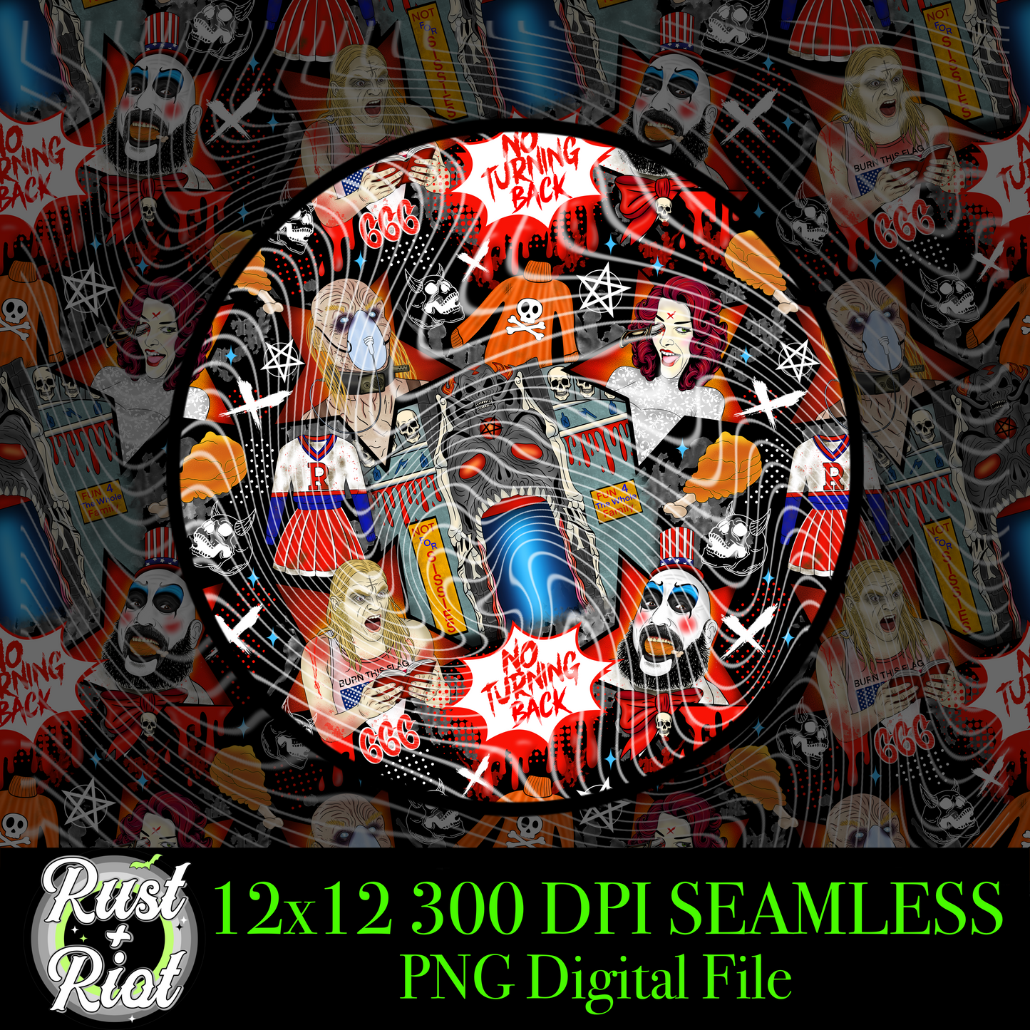 Midnight Spookshow Everything Bundle, Main PNGs, Seamless, Color Coordinates, 16oz Glass Can, 20oz Skinny Tumbler, 2000s Cult Classic Digital images for Fabric, Sublimation, DTF, DTG, UVDTF, and Sublimation Printing