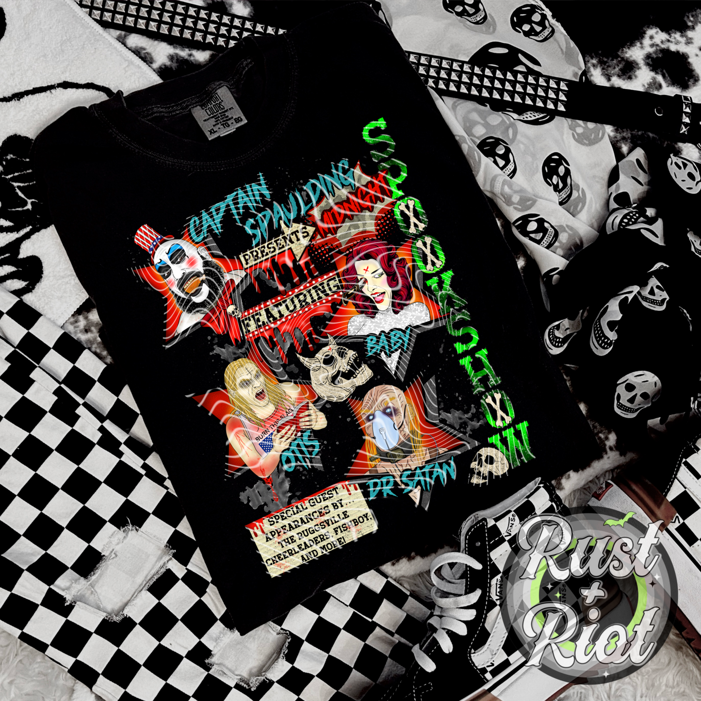 Midnight Spookshow Everything Bundle, Main PNGs, Seamless, Color Coordinates, 16oz Glass Can, 20oz Skinny Tumbler, 2000s Cult Classic Digital images for Fabric, Sublimation, DTF, DTG, UVDTF, and Sublimation Printing