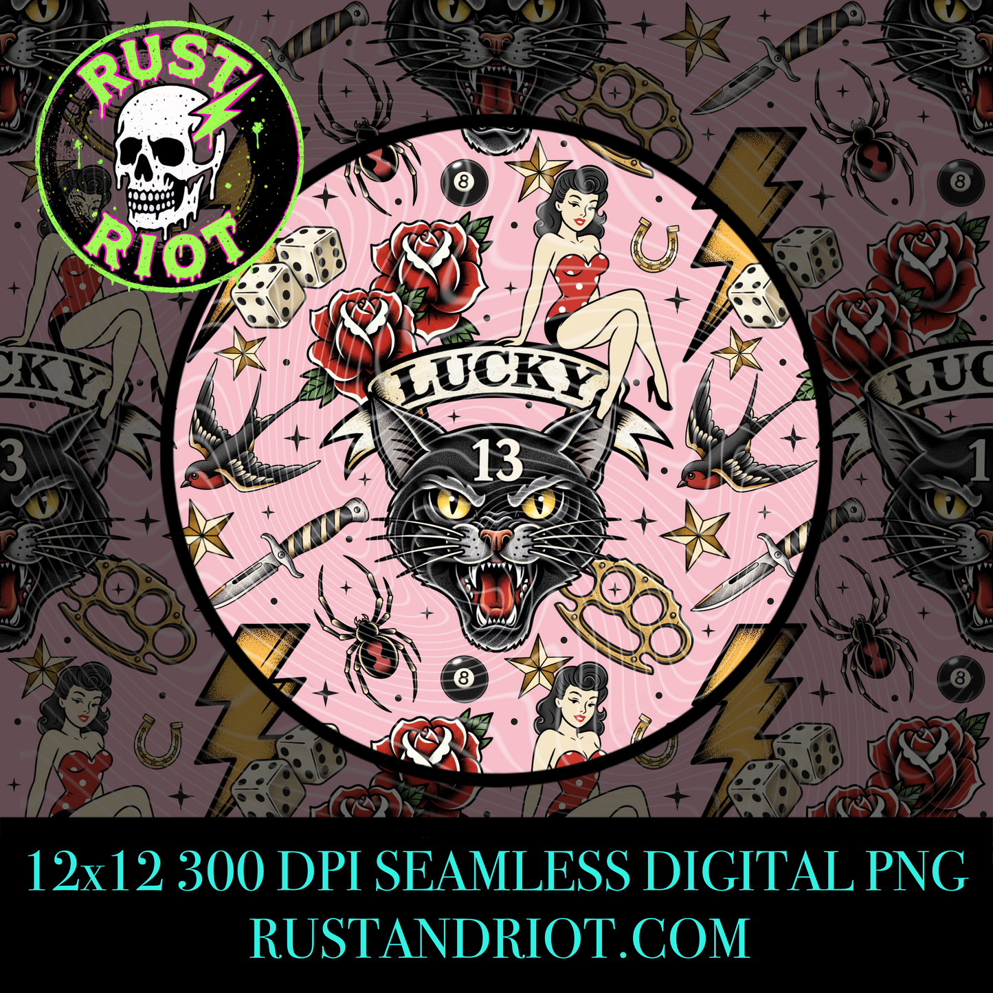 Lucky 13 Retro Tattoo Seamless Pattern | Black Cat Flash | PNG Digital Download