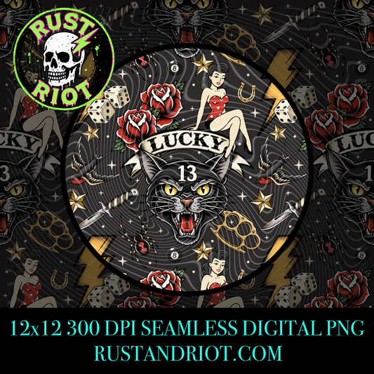 Lucky 13 Retro Tattoo Seamless Pattern | Black Cat Flash | PNG Digital Download