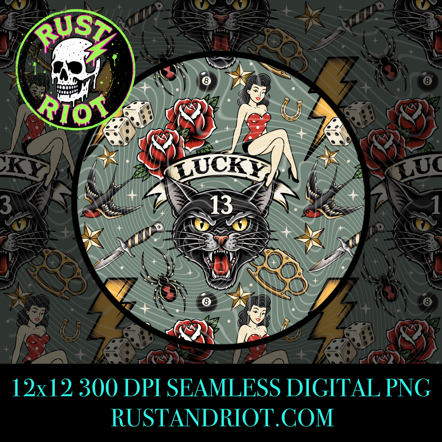 Lucky 13 Retro Tattoo Seamless Pattern | Black Cat Flash | PNG Digital Download