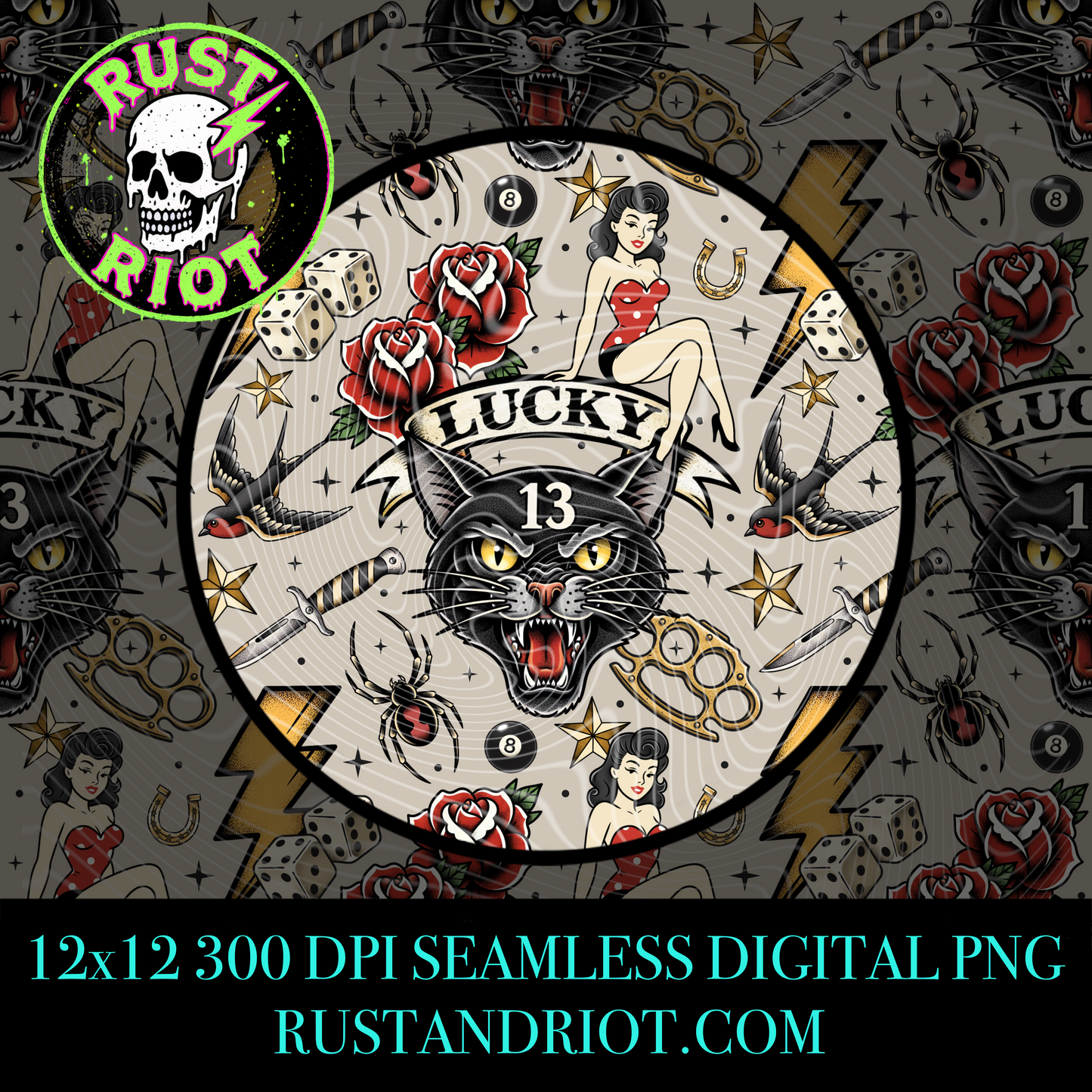 Lucky 13 Retro Tattoo Seamless Pattern | Black Cat Flash | PNG Digital Download