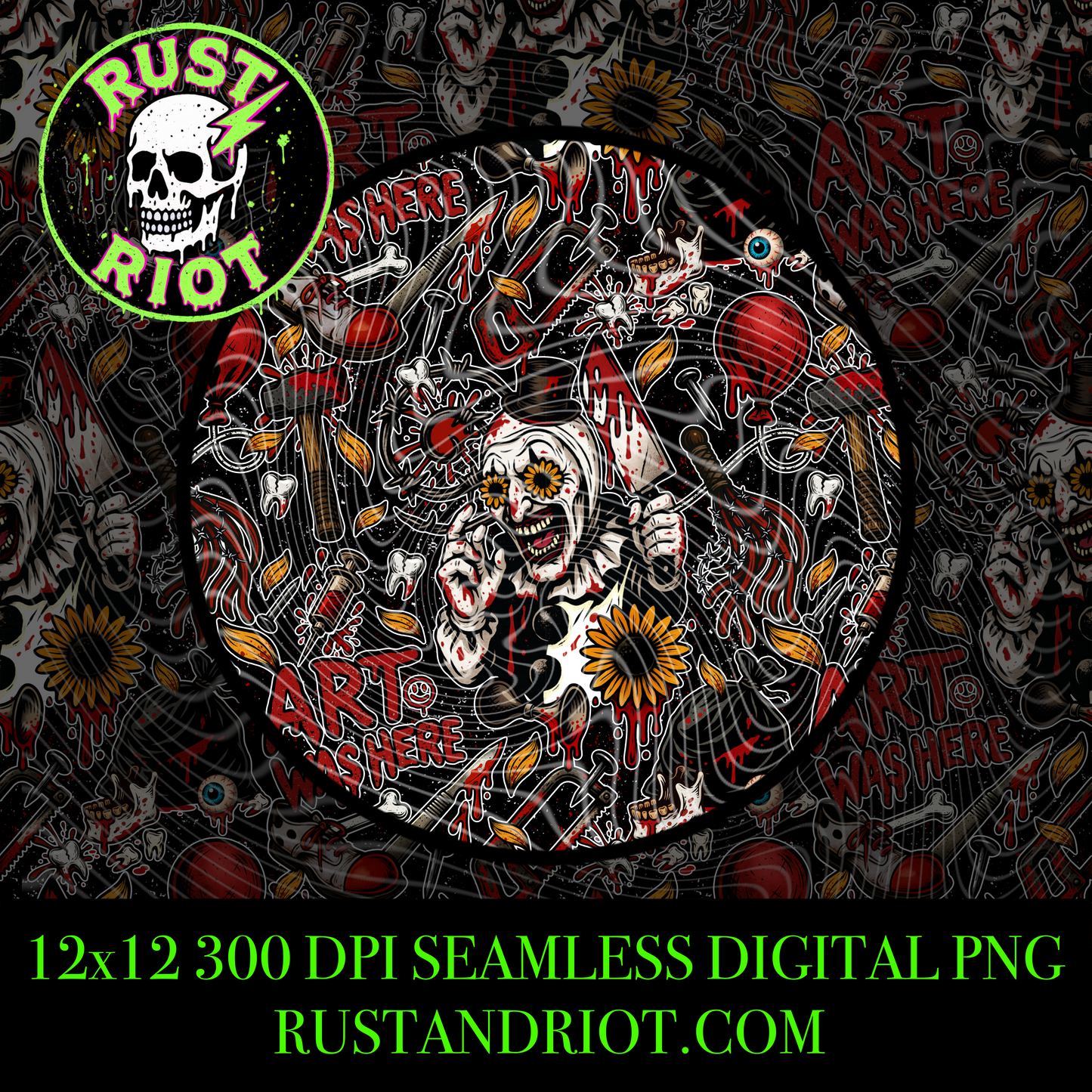 Truly Terrifying Seamless PNG | Horror Clown Pattern | Blood, Sunflowers & Gorecore Design