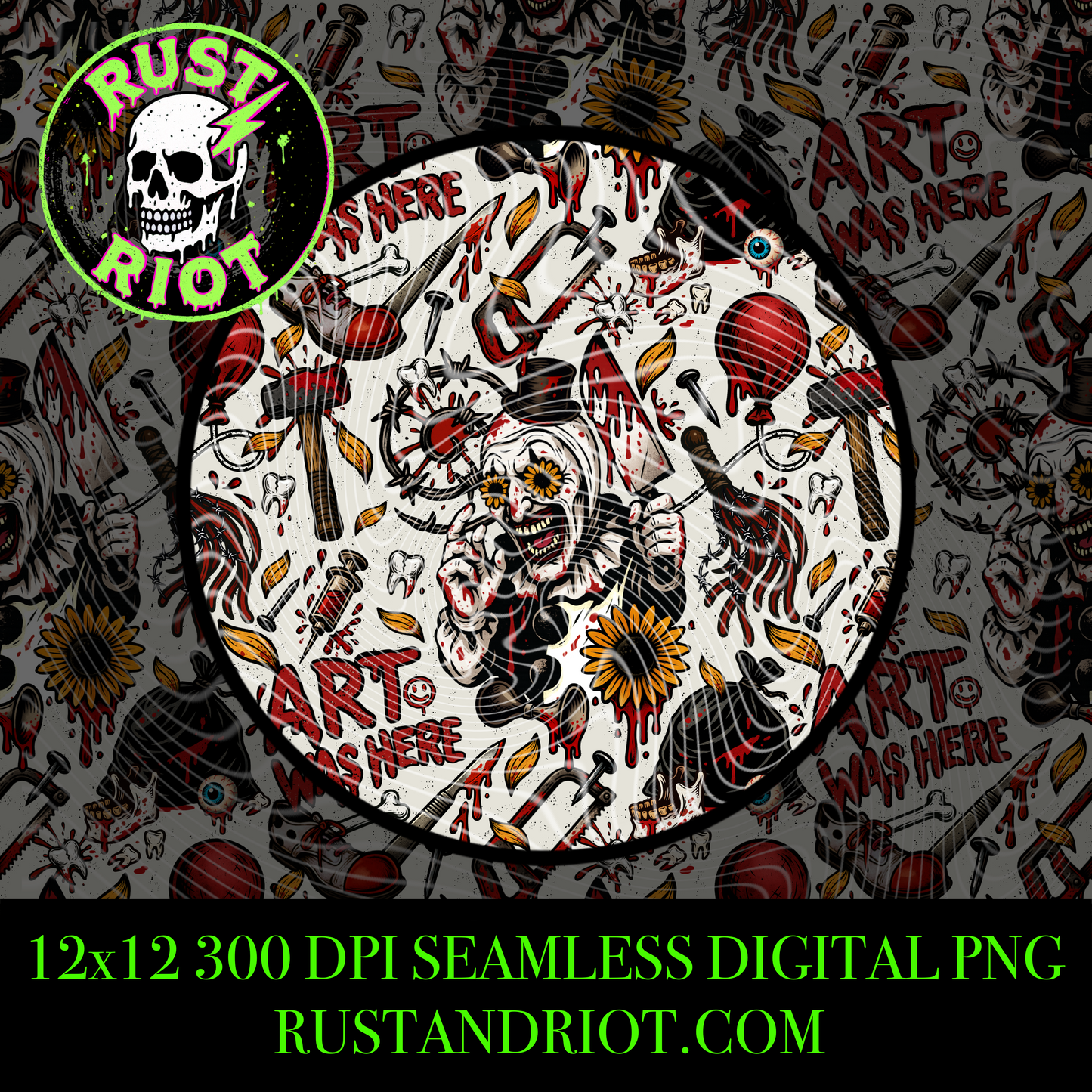 Truly Terrifying Seamless PNG | Horror Clown Pattern | Blood, Sunflowers & Gorecore Design