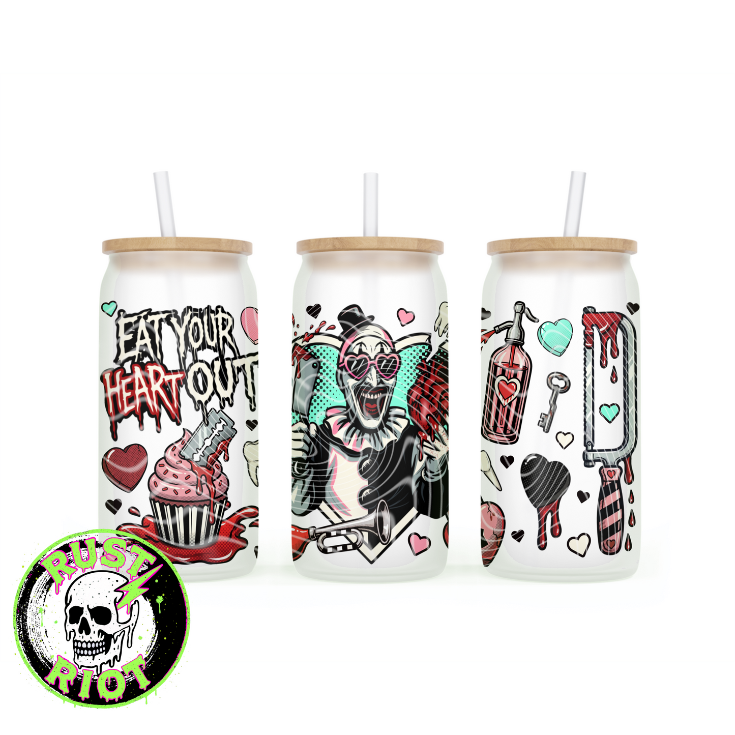 Eat Your Heart Out | Horror Valentine Clown | 16oz Glass Can Wrap PNG Digital Download