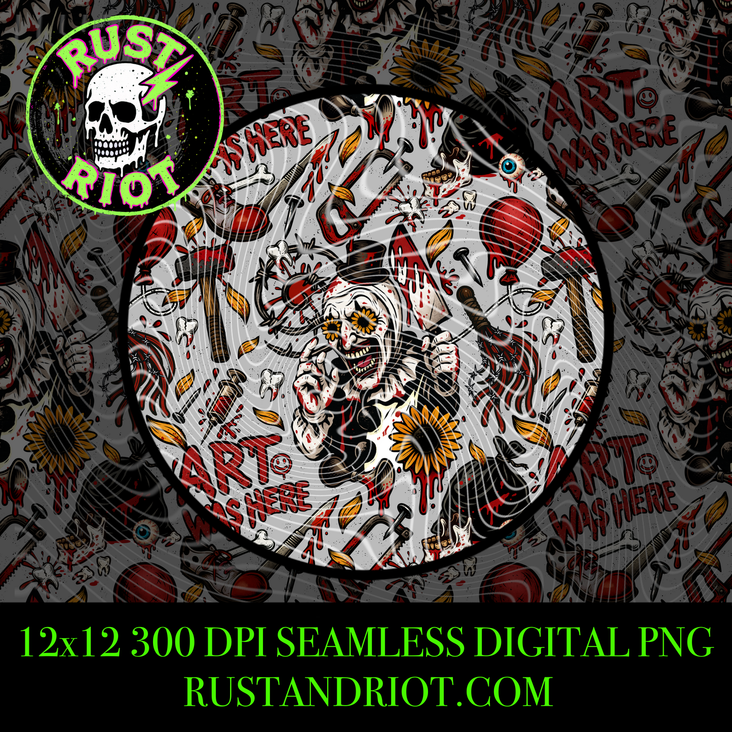 Truly Terrifying Seamless PNG | Horror Clown Pattern | Blood, Sunflowers & Gorecore Design