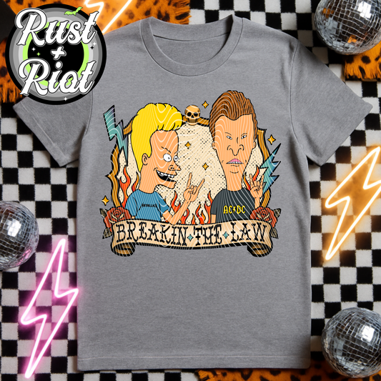 Breakin’ the Law Tee Graphic – Tattoo-Style Headbanger Duo PNG