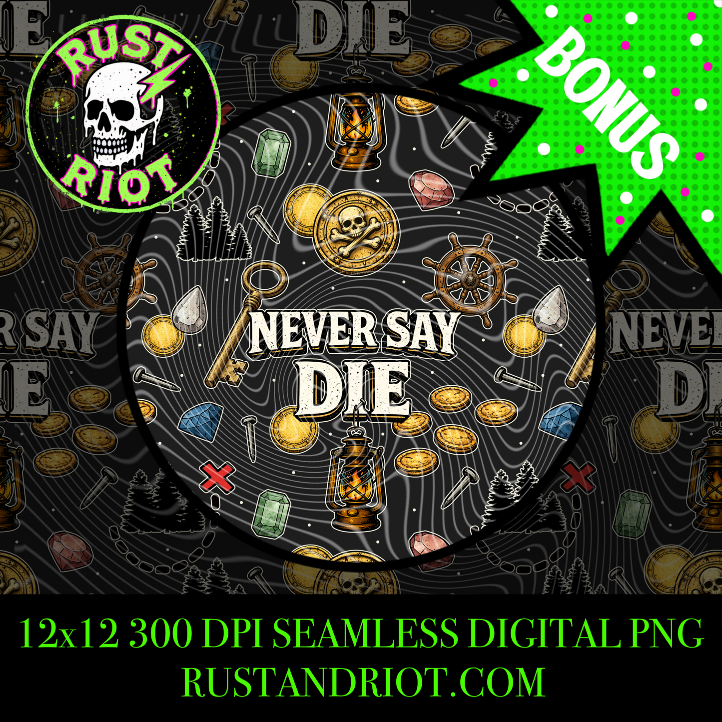 Never Say Die Everything Bundle | Retro Pirate Adventure Design Set | PNG Digital Download