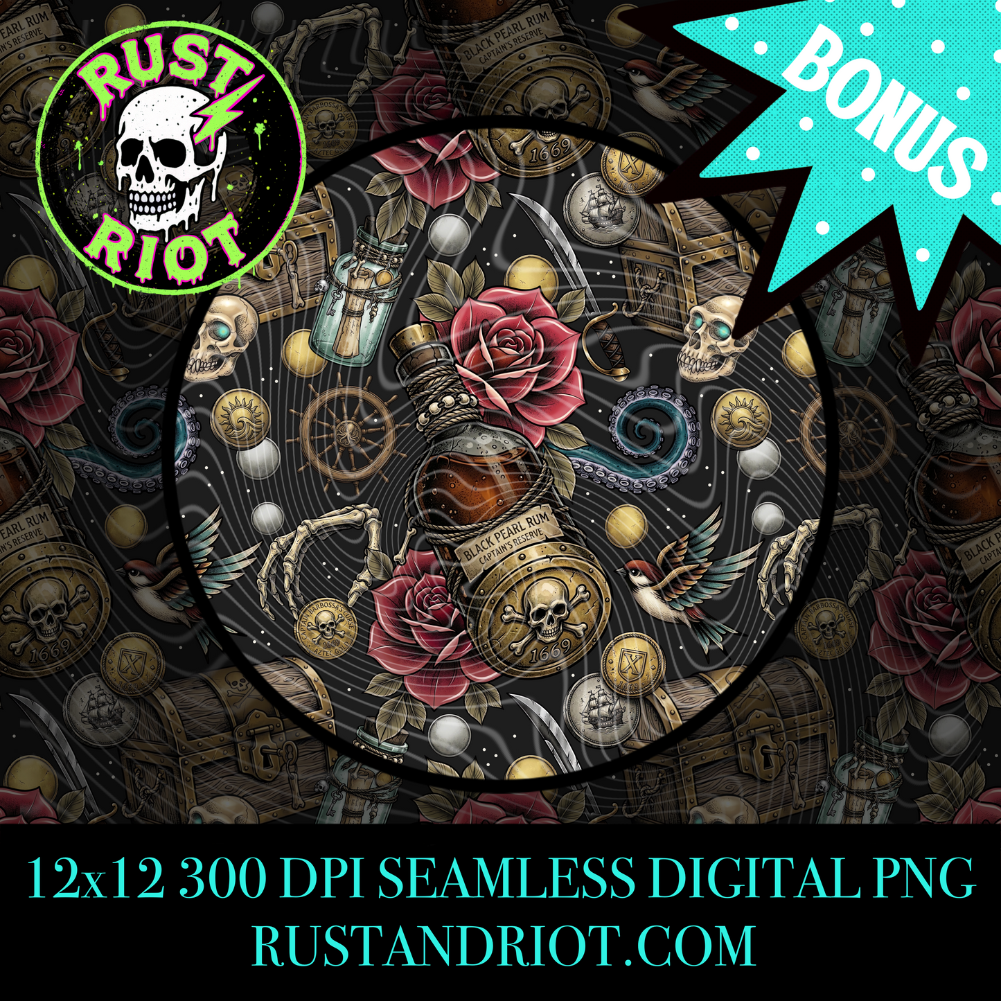 Dead Man’s Gold Seamless Pattern | Pirate Tattoo Style Repeat | PNG Digital Download