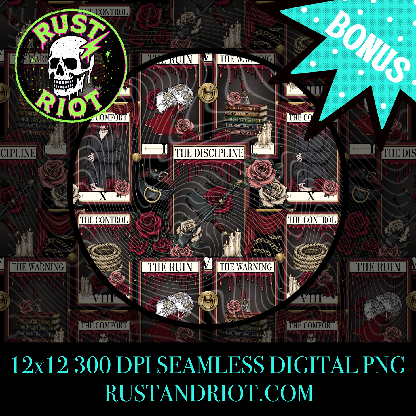 Obey Arcana Seamless Pattern | Dark Romance Tarot Graphic | PNG Digital Download