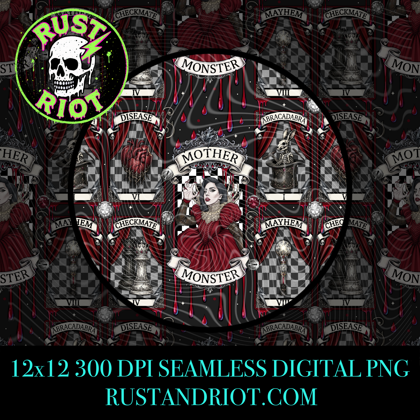 House of Mayhem Seamless Pattern | Gothic Tarot Repeat | PNG Digital Download